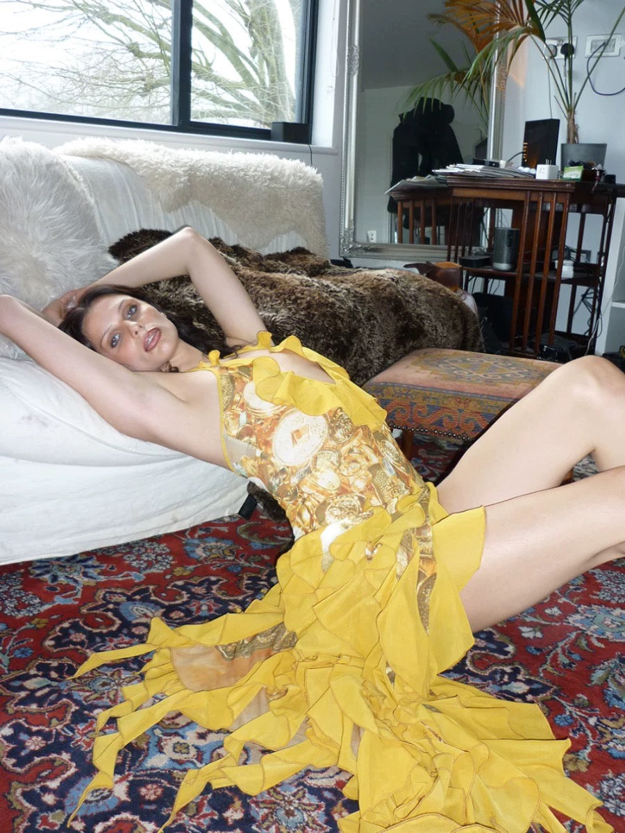 Gold Print Frill Dress