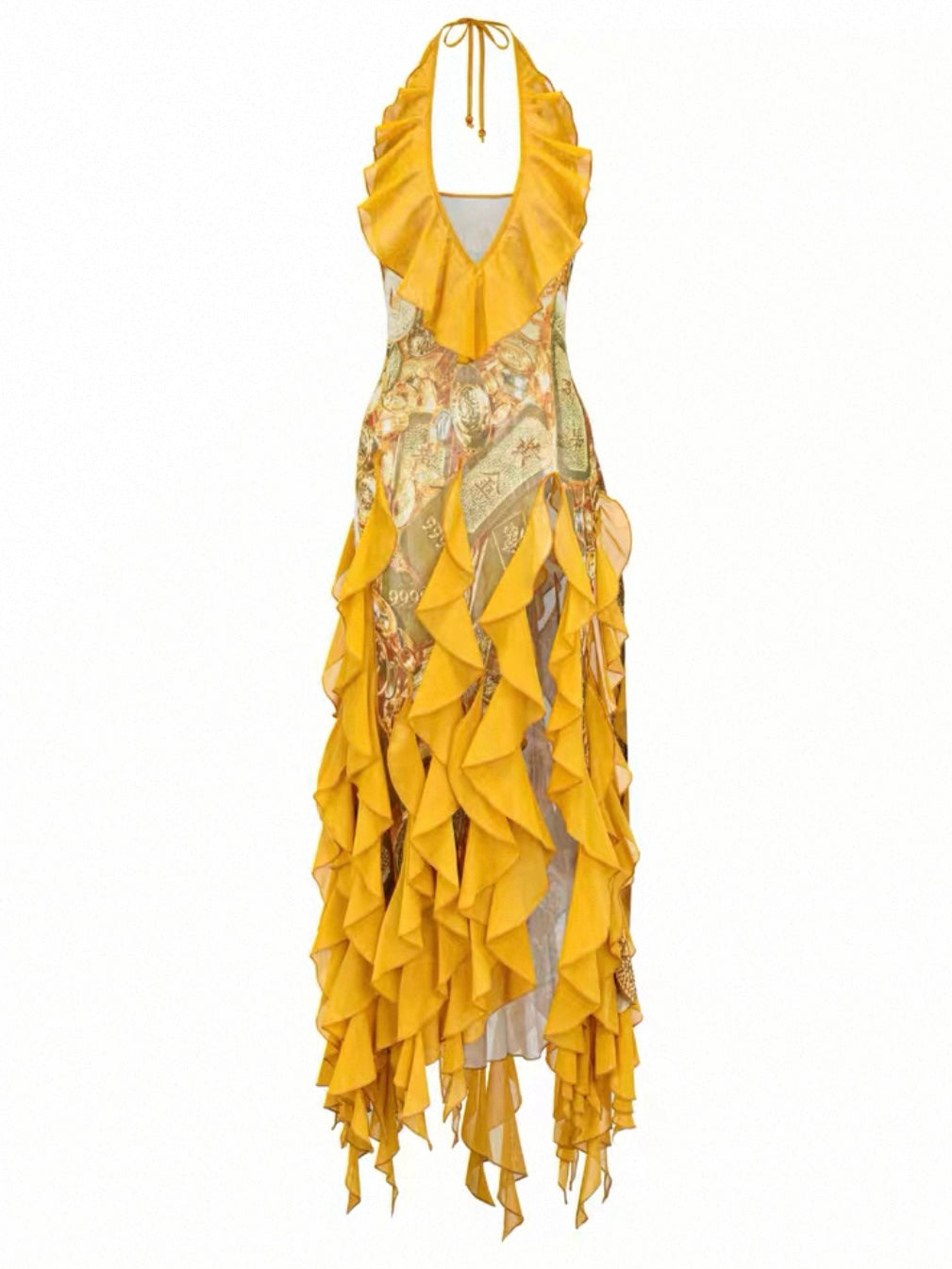 Gold Print Frill Dress