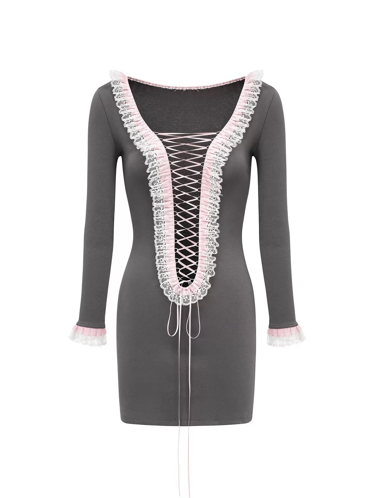Reversible Grey Lace-Up Frill Dress