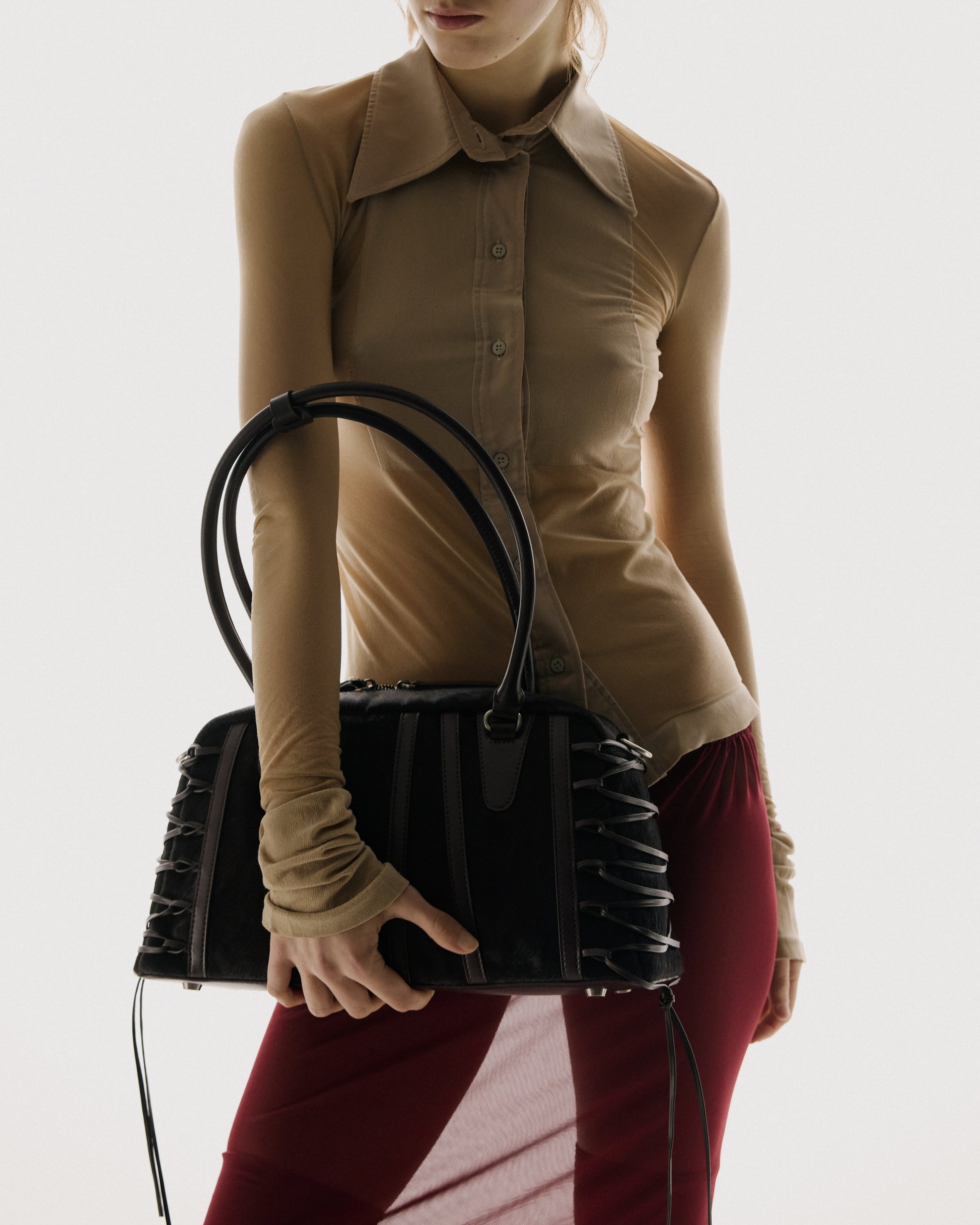JING HÉ | Erya Bag "Anatomical" Bowling Bag – Premium Pony Hair & Top-Grain Leather in Burgundy