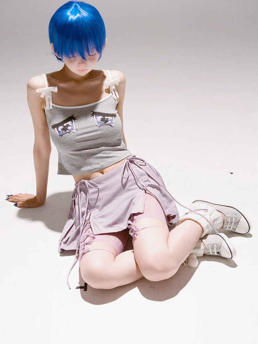 Nodress gray "No cry" crying eyes printed camisole（Brooch not included）