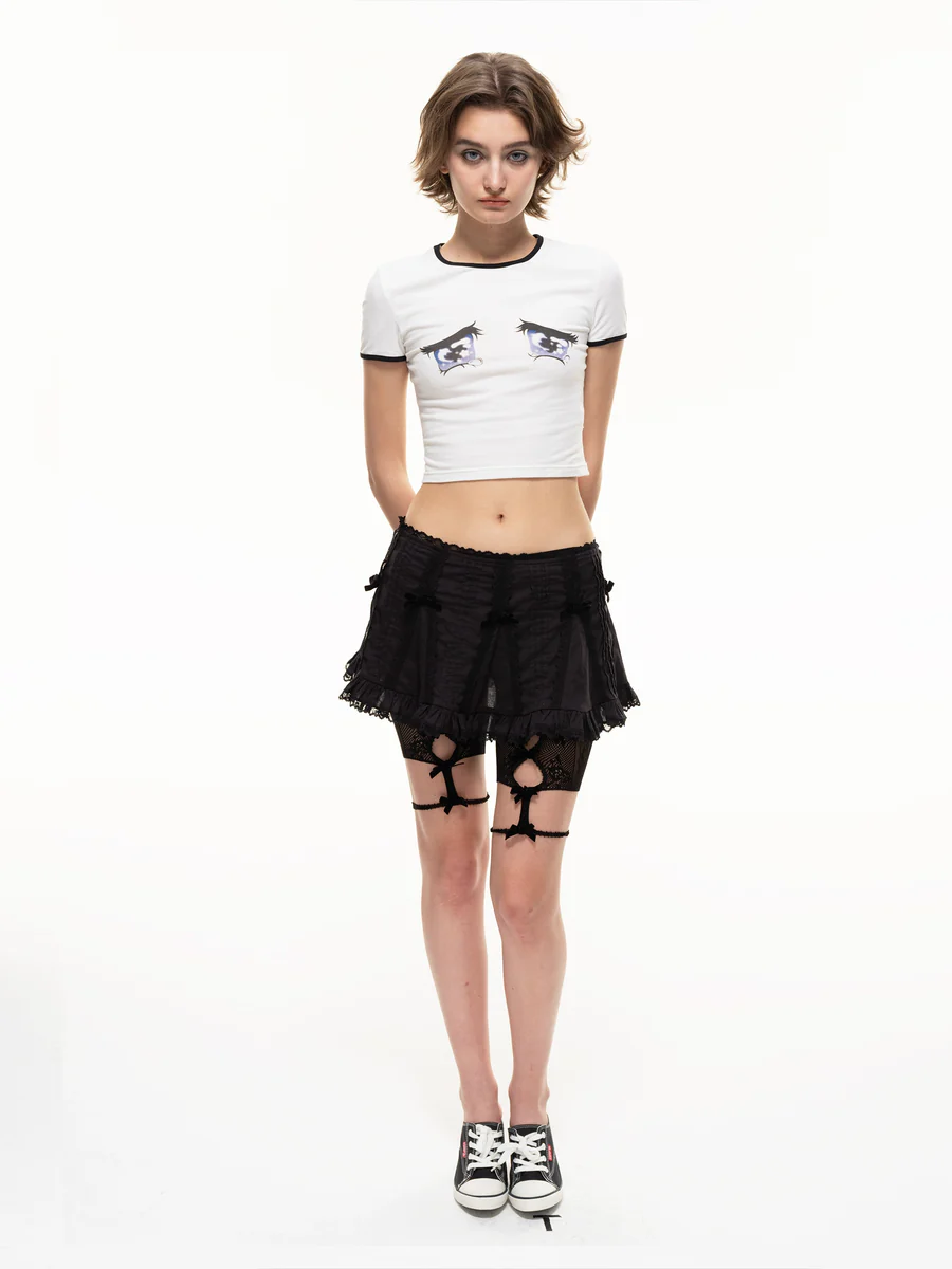 Nodress white "No cry" crying eyes printed T-Shirt（Brooch not included）