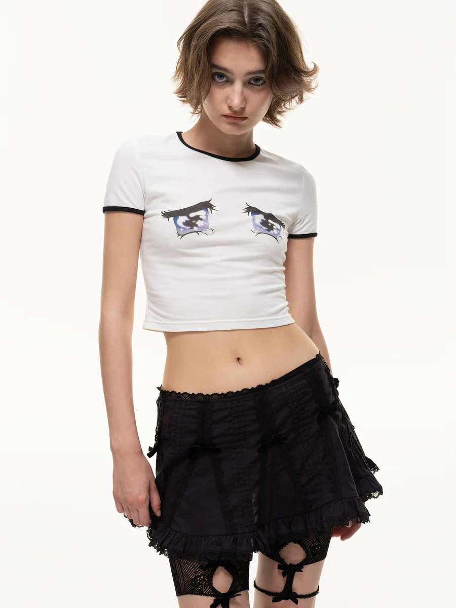 Nodress black lace trim pleated cotton mini skirt