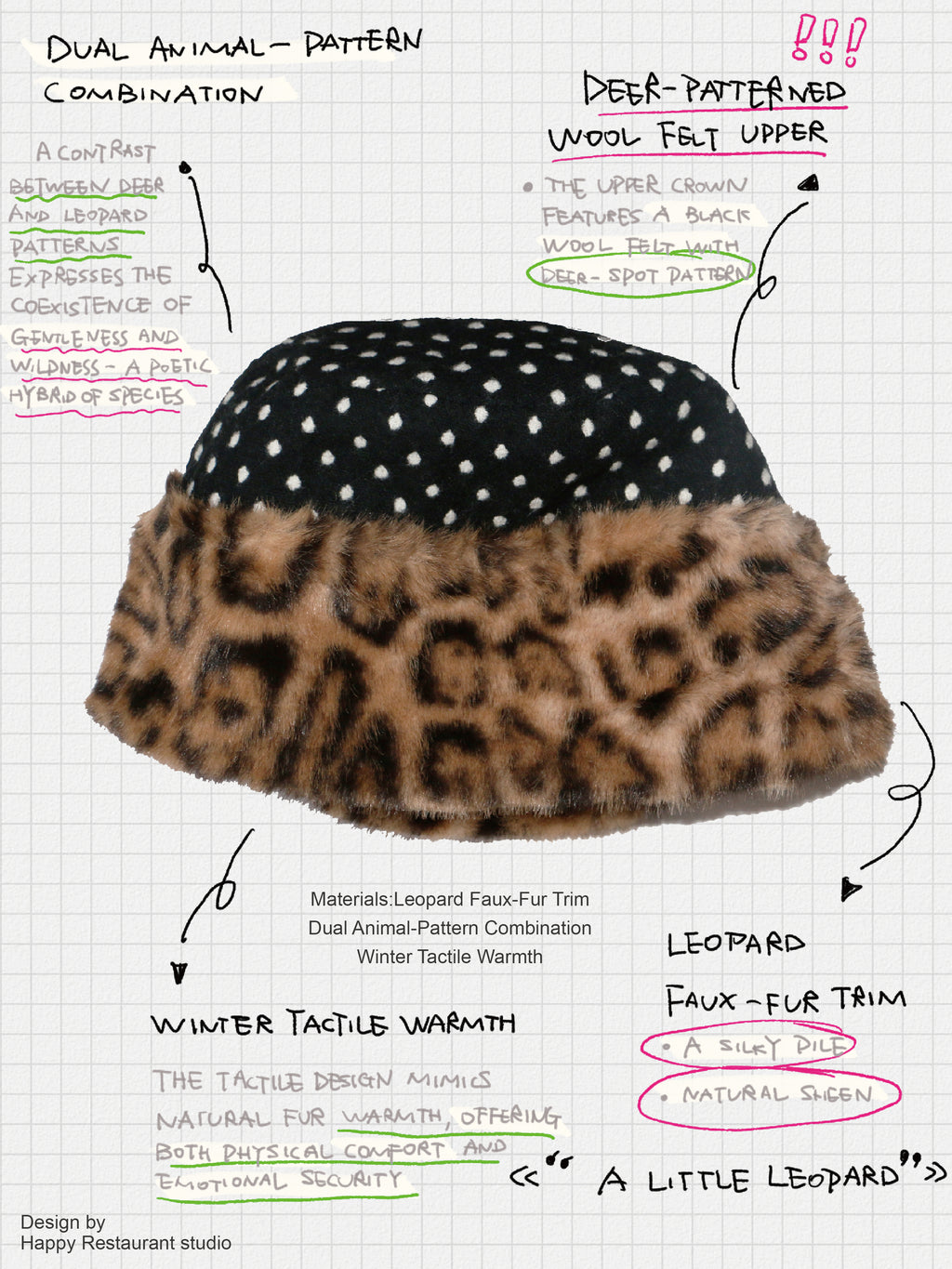 “A Little Deer / A Little Leopard” Reversible Faux Fur Hat