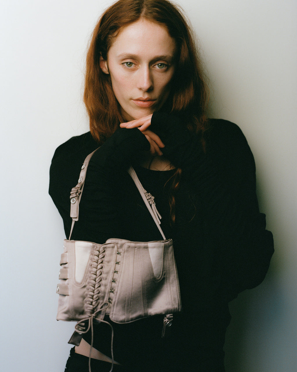 JING HÉ | Tether Bag "Fishbone" Corset Shoulder Bag – Deconstructed Couture Accessory in Lotus Root