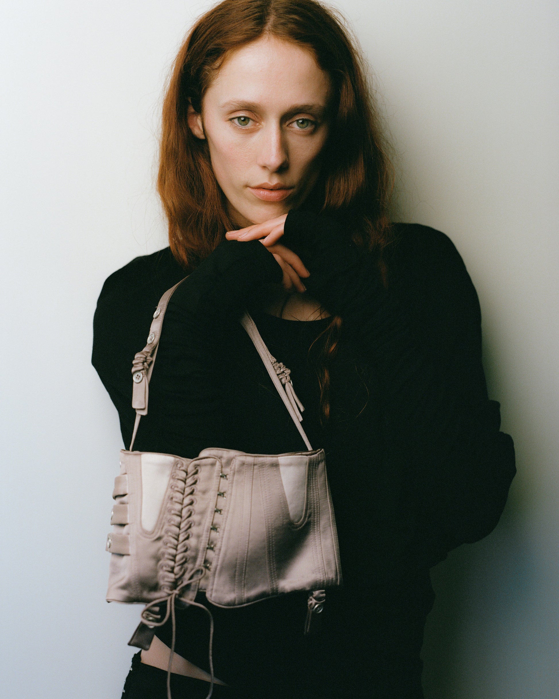 JING HÉ | Tether Bag "Fishbone" Corset Shoulder Bag – Deconstructed Couture Accessory in Lotus Root