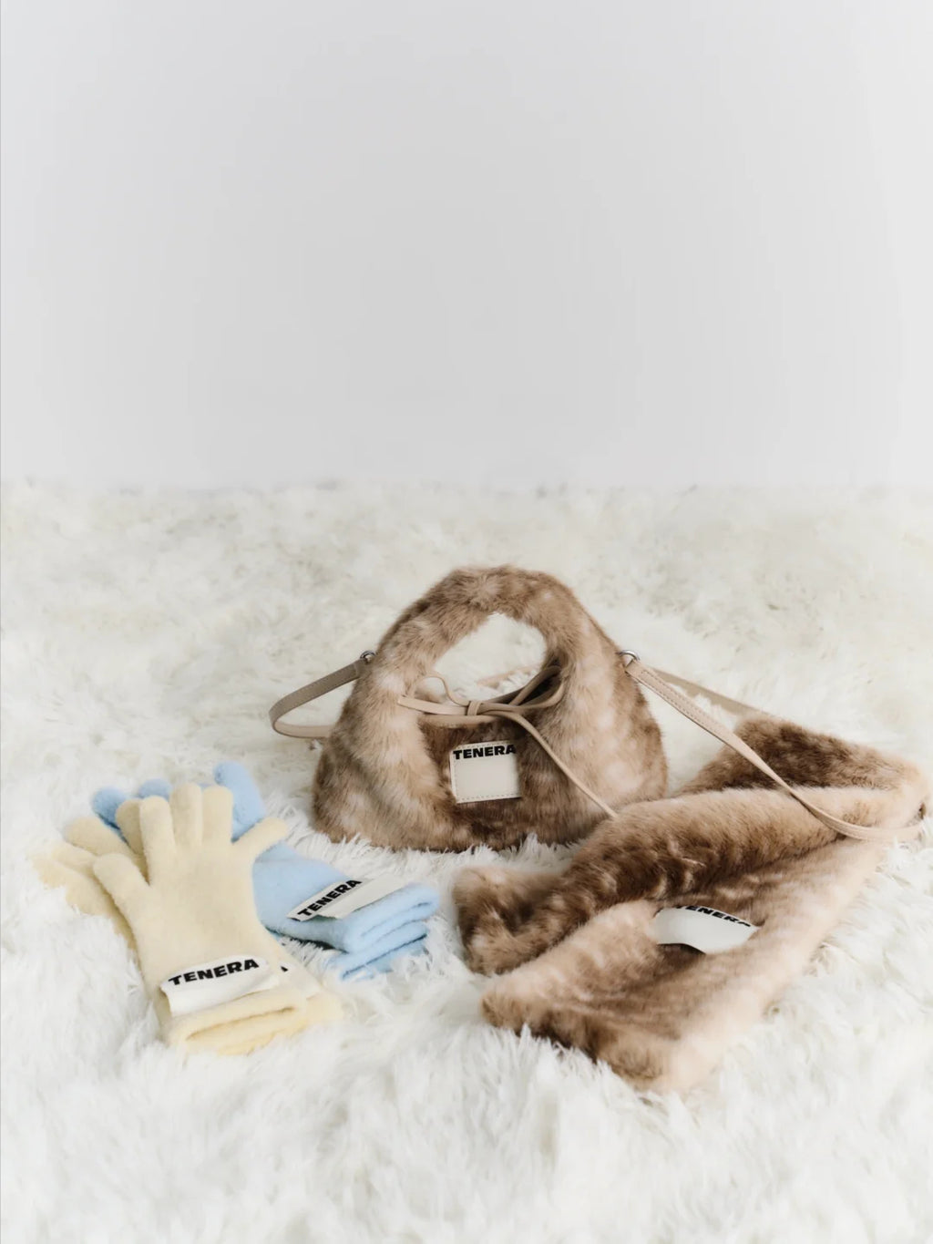 TENERA Vegan Eco-Fur Mini Hobo Bambi Print Winter Bag with Scarf