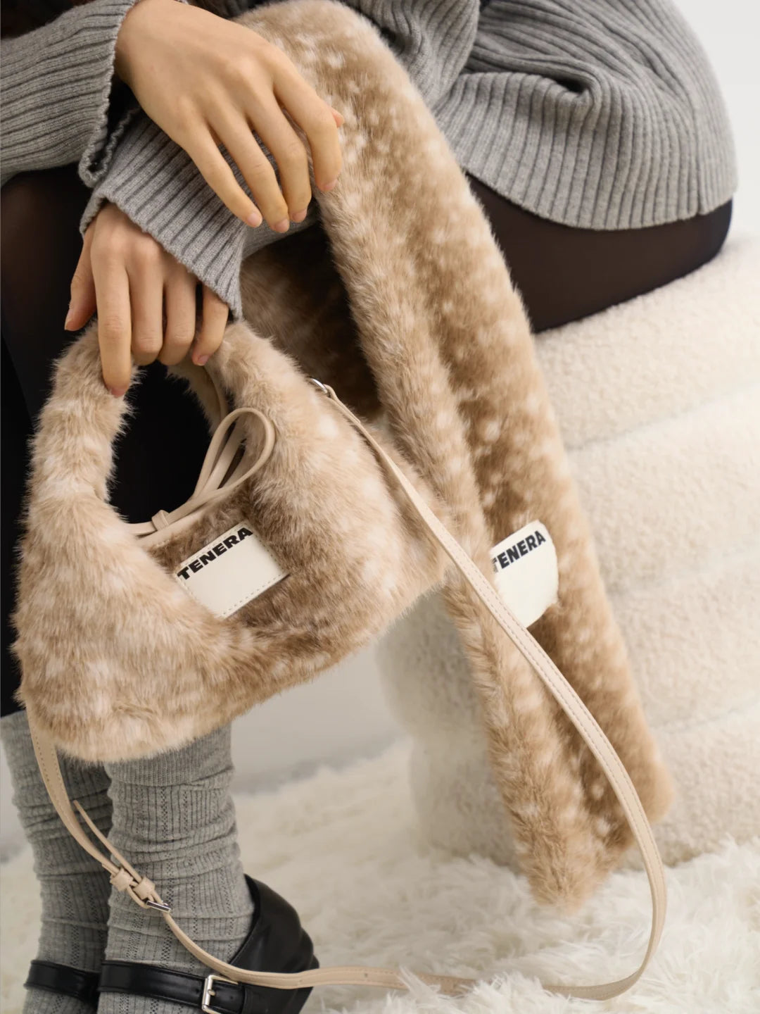 TENERA Vegan Eco-Fur Mini Hobo Bambi Print Winter Bag with Scarf