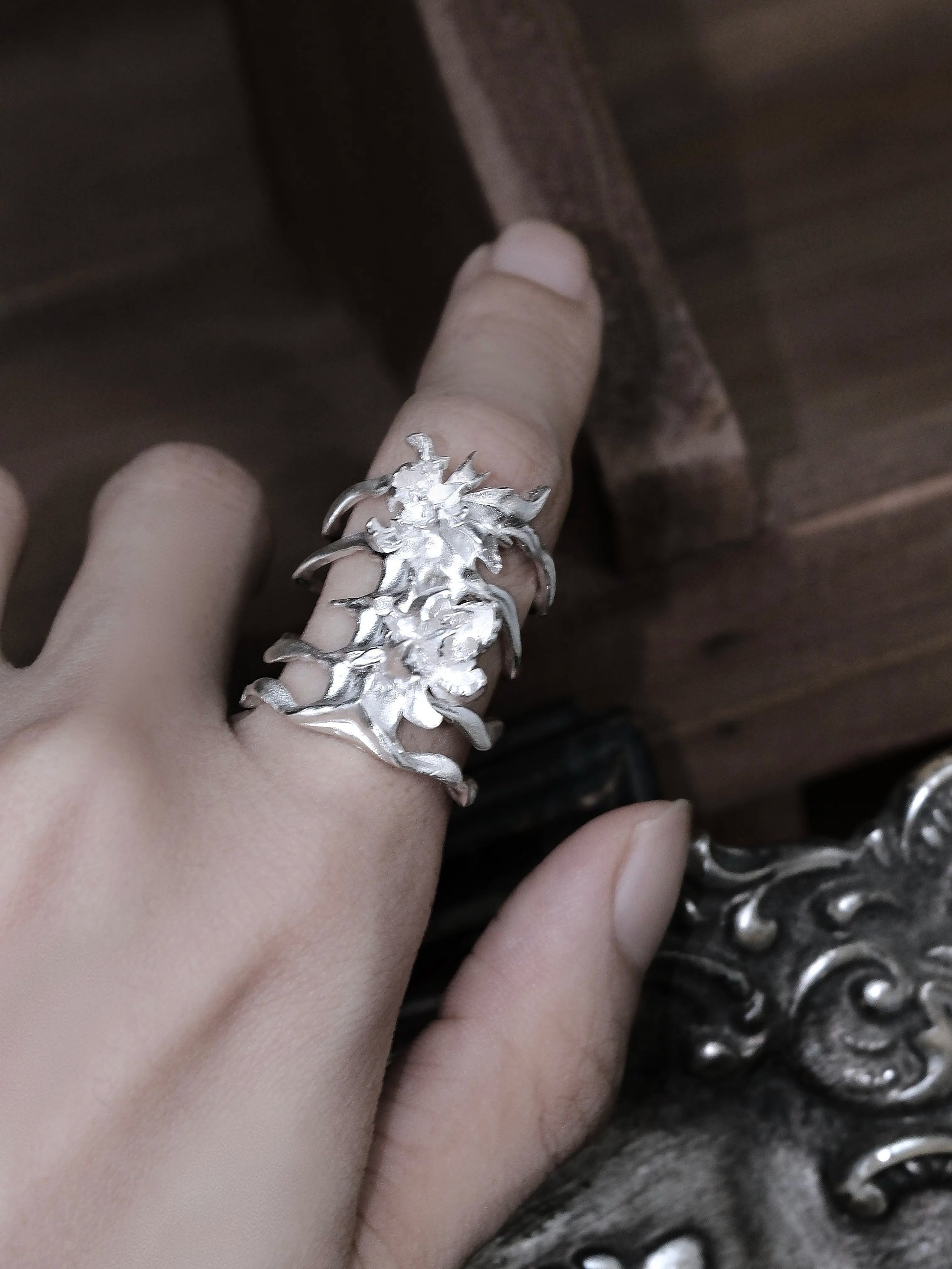Bone Bloom Ring | Sterling Silver Gothic Floral Skeleton Ring