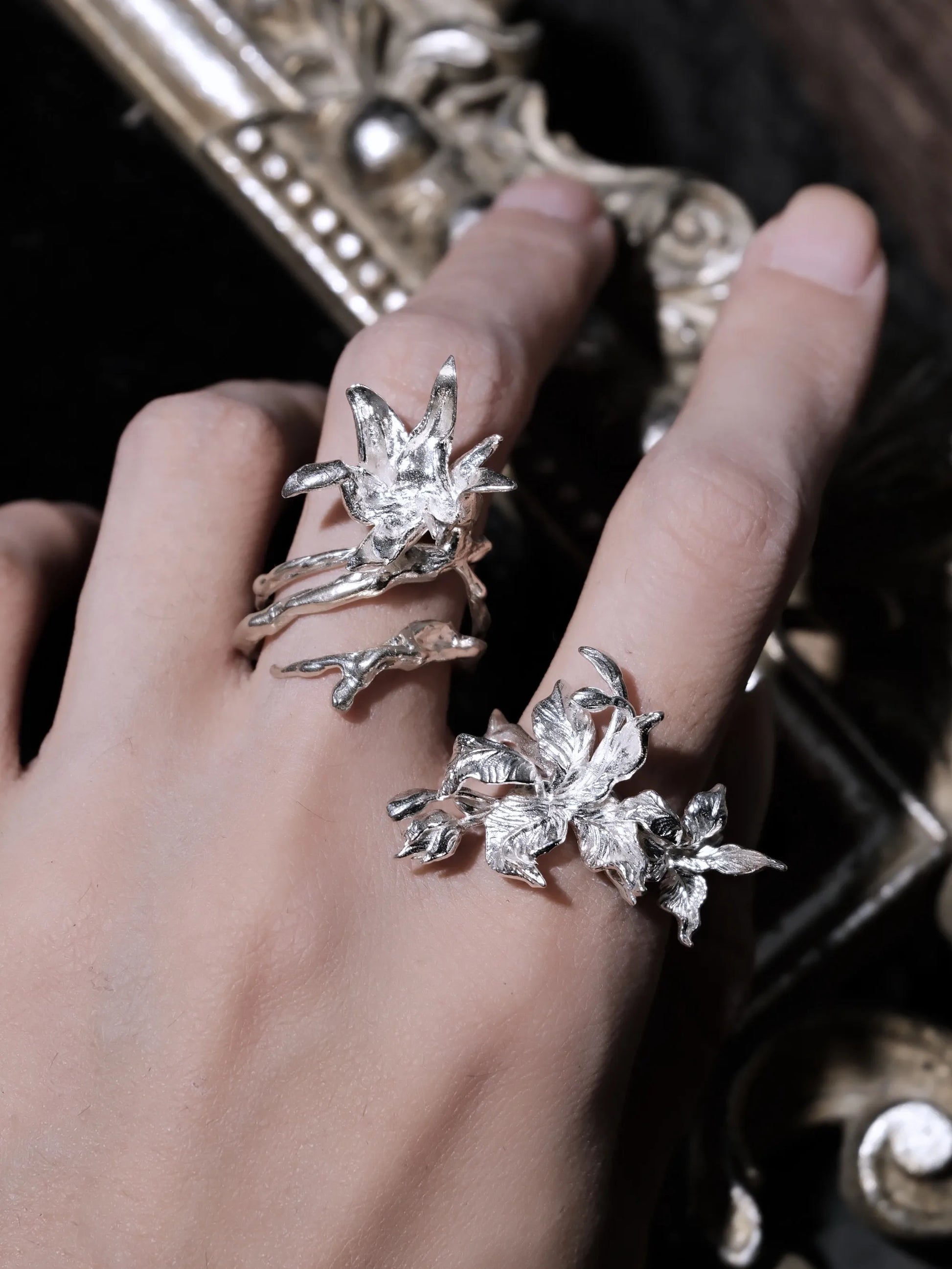 Haunted Iris Ring | Sterling Silver Gothic Botanical Flower Ring