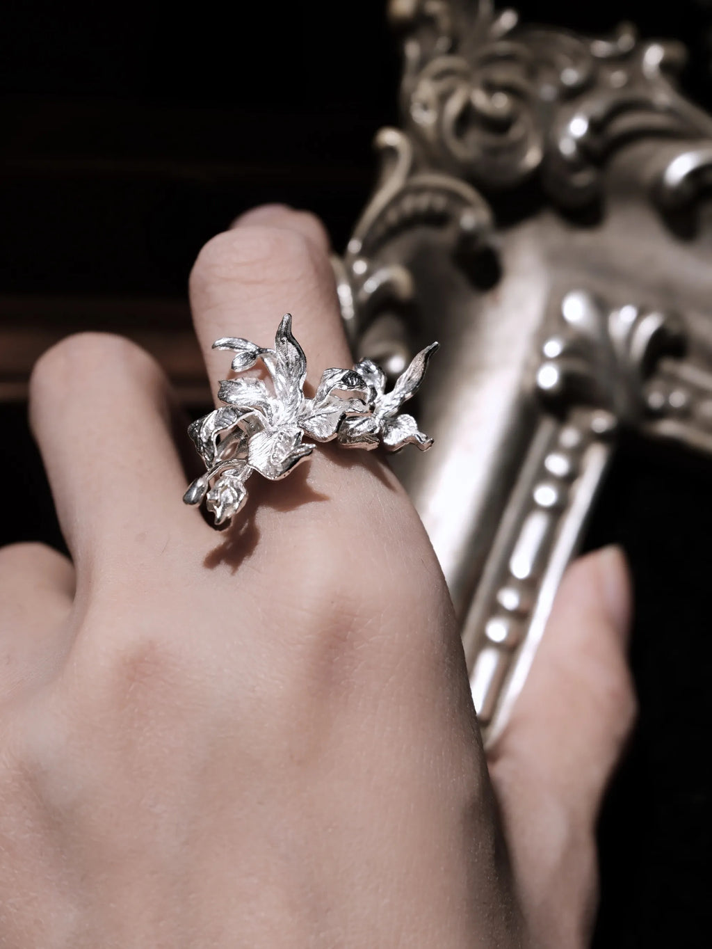Haunted Iris Ring | Sterling Silver Gothic Botanical Flower Ring