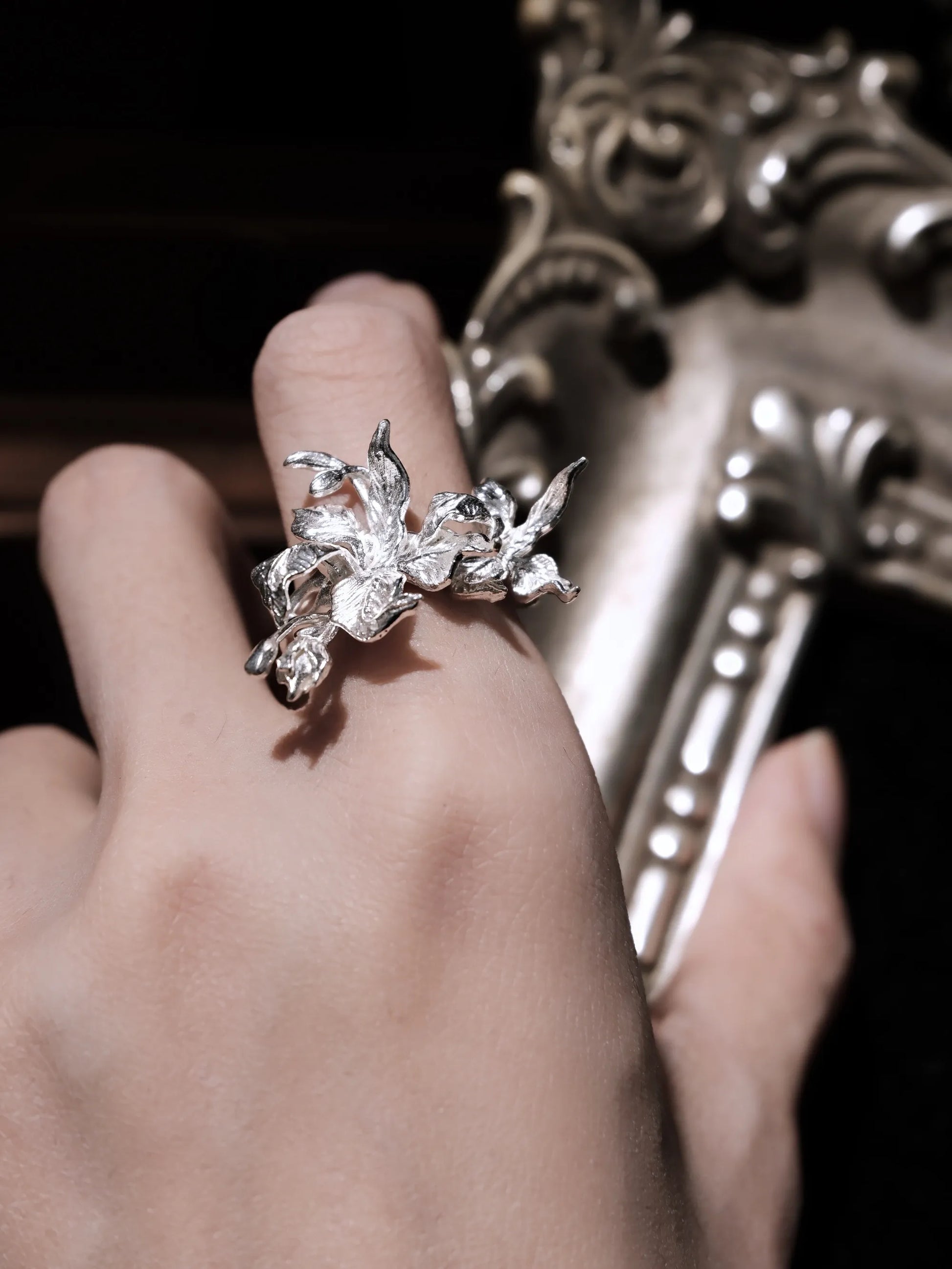 Haunted Iris Ring | Sterling Silver Gothic Botanical Flower Ring
