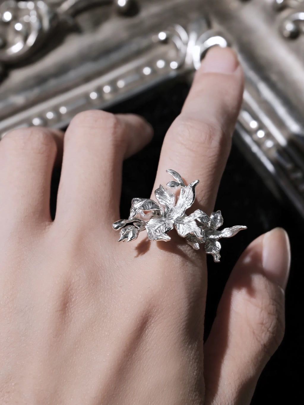 Haunted Iris Ring | Sterling Silver Gothic Botanical Flower Ring