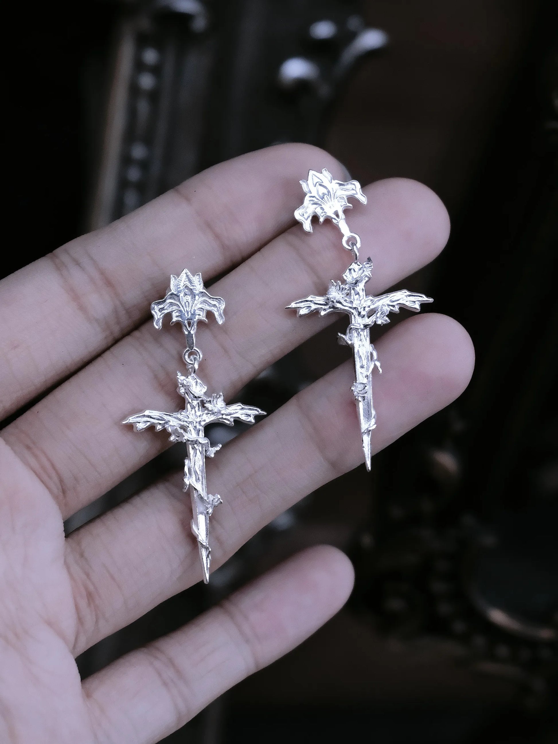 Rose Sacred Sword Stud Earrings | Sterling Silver Gothic Talisman Earrings