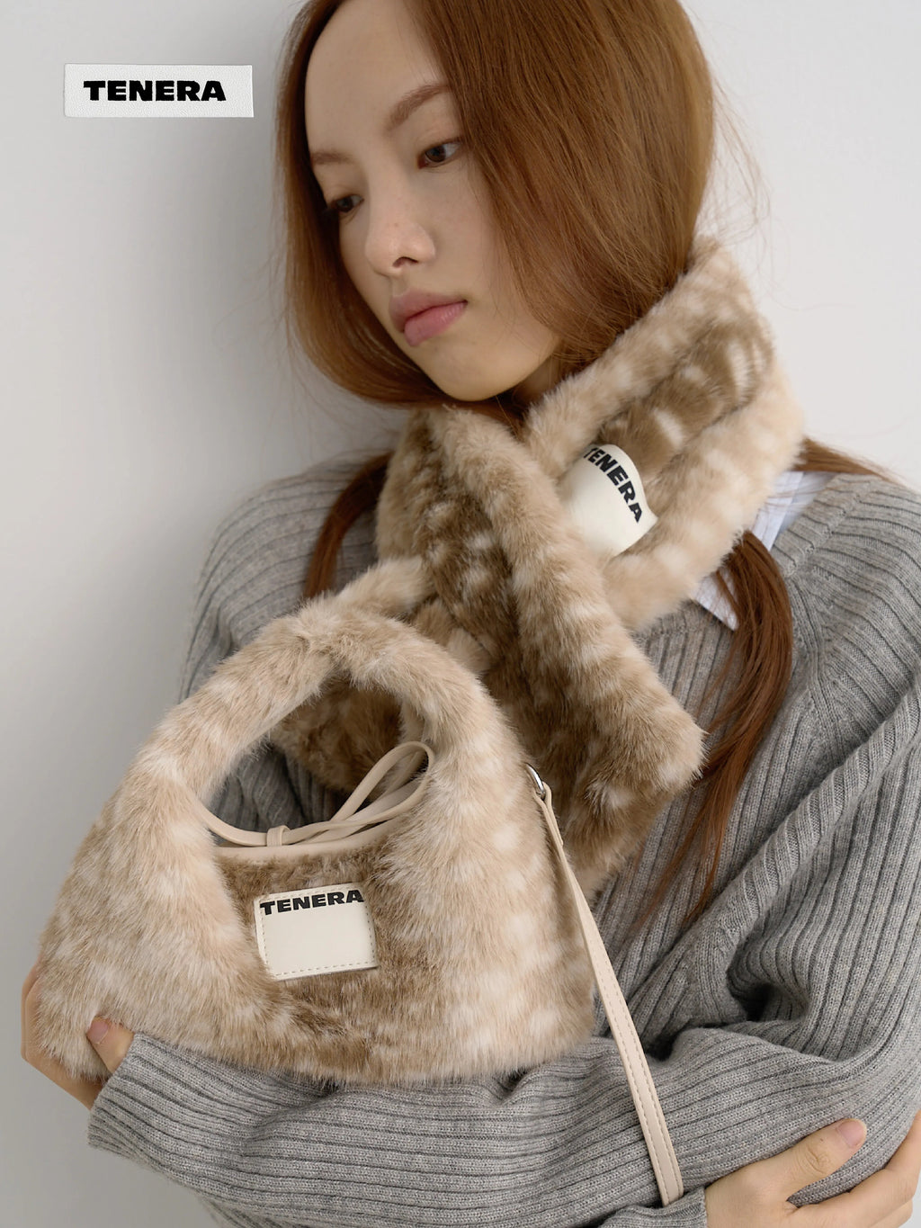 TENERA Vegan Eco-Fur Mini Hobo Bambi Print Winter Bag with Scarf