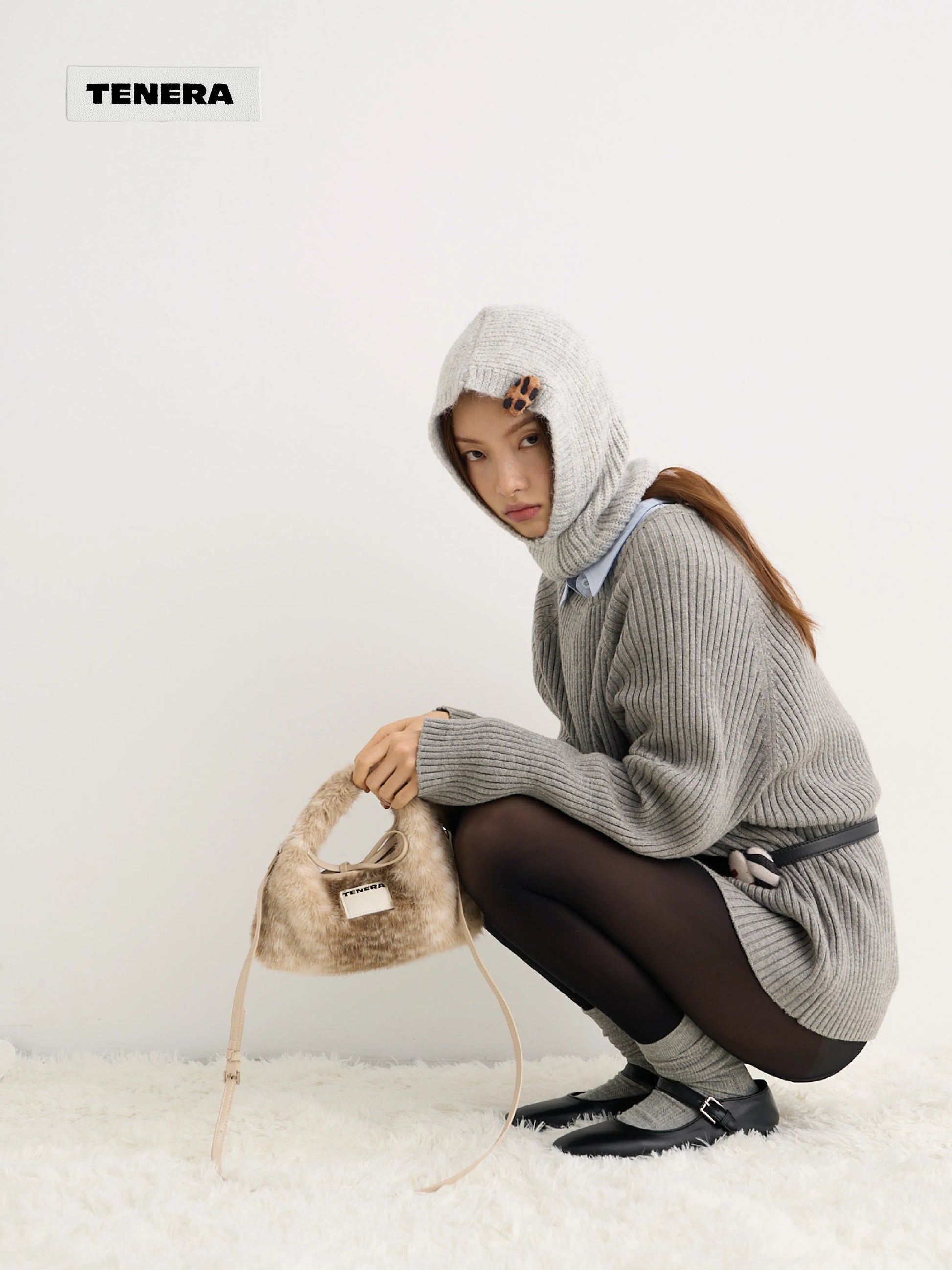 TENERA Vegan Eco-Fur Mini Hobo Bambi Print Winter Bag with Scarf