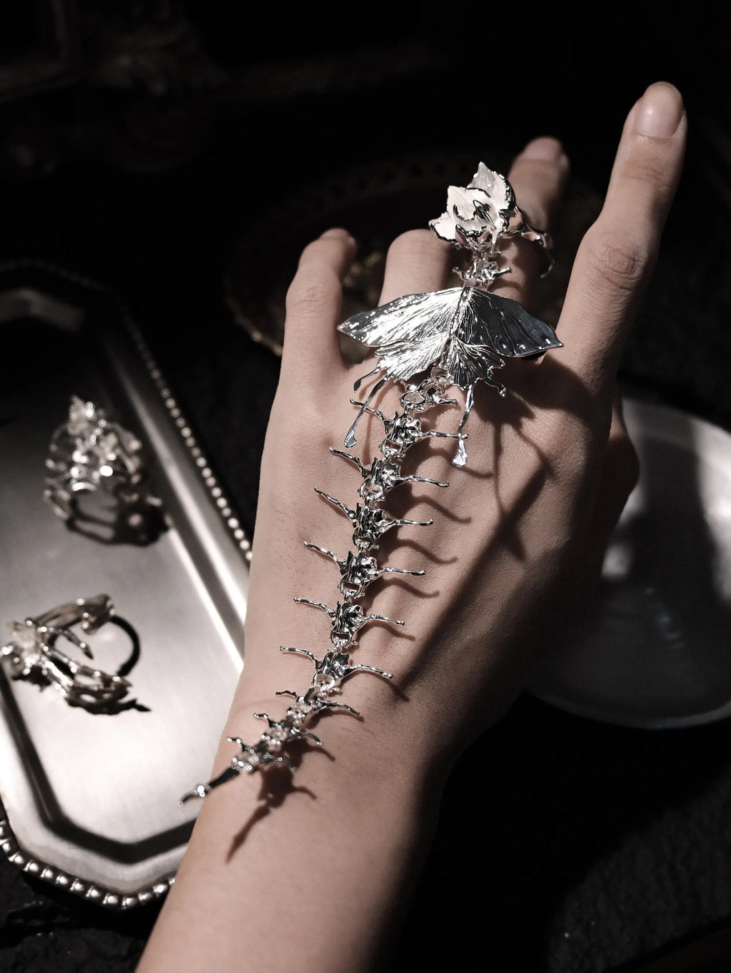 Iris & Moth Spine Ring — Articulated Sterling Silver
