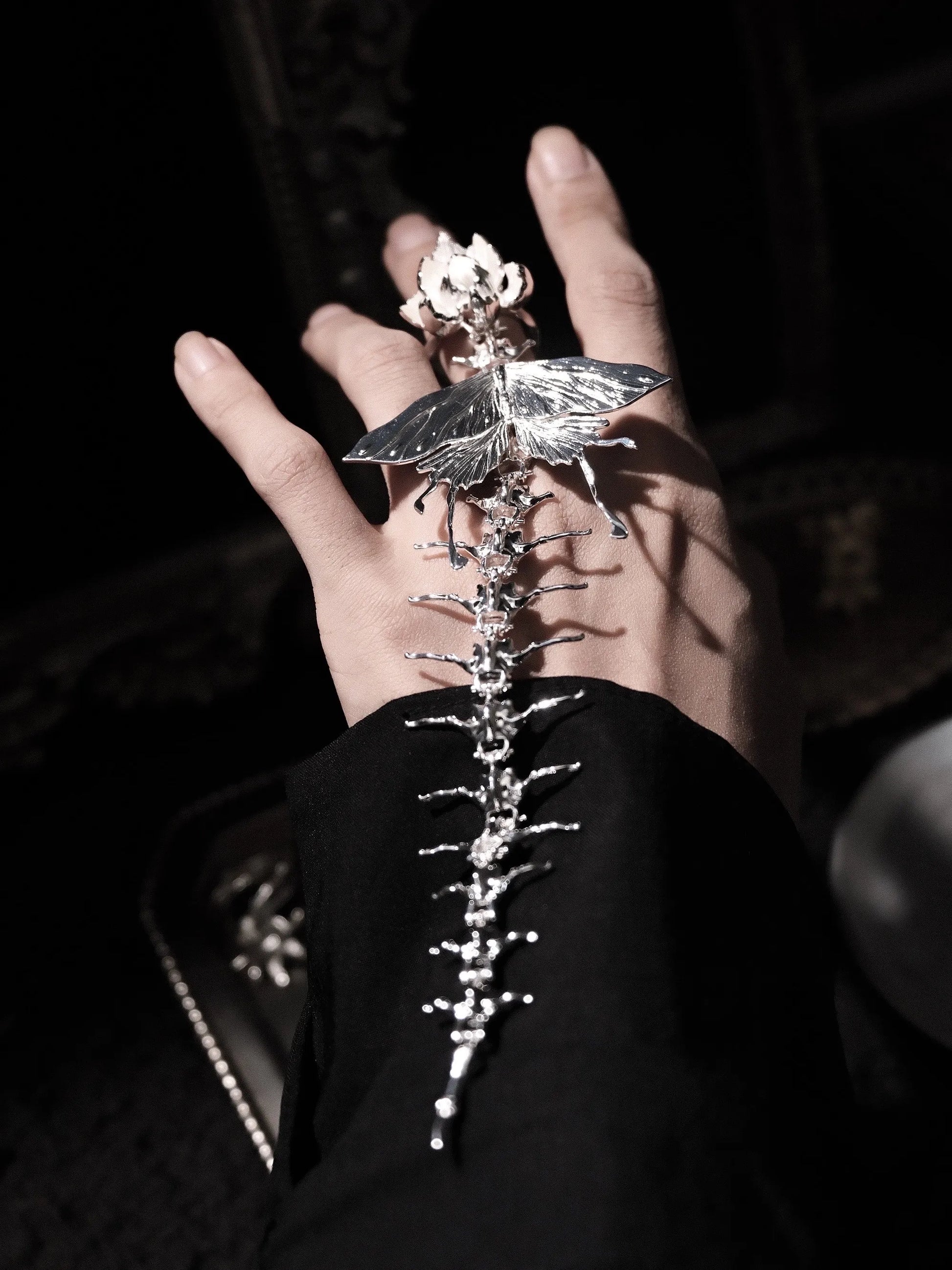 Iris & Moth Spine Ring — Articulated Sterling Silver