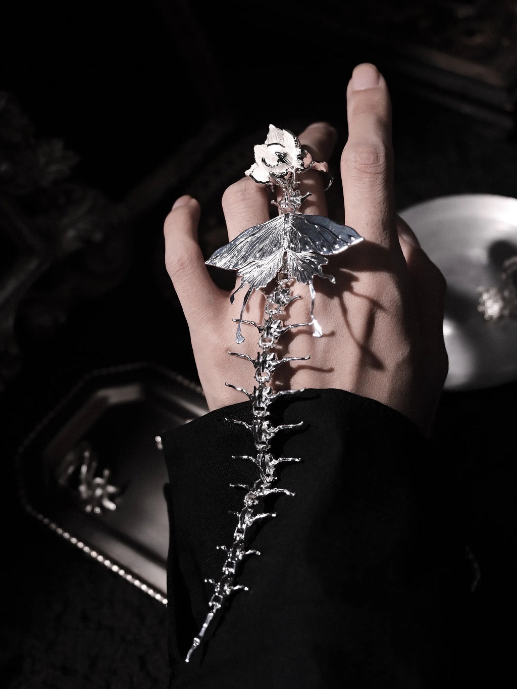 Iris & Moth Spine Ring — Articulated Sterling Silver