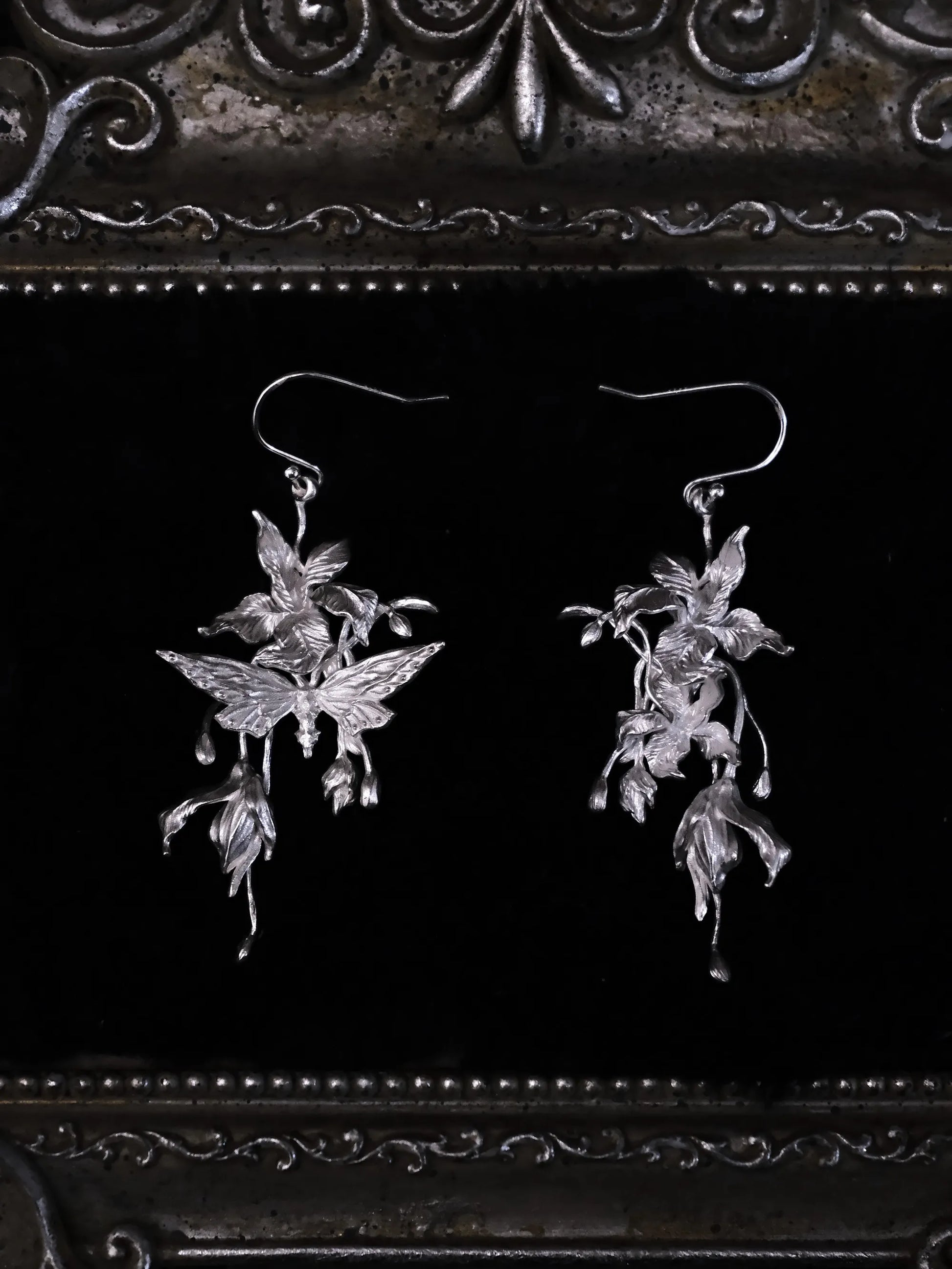 Iris Nocturne Butterfly Earrings | Gothic Botanical Sterling Silver Statement Earrings