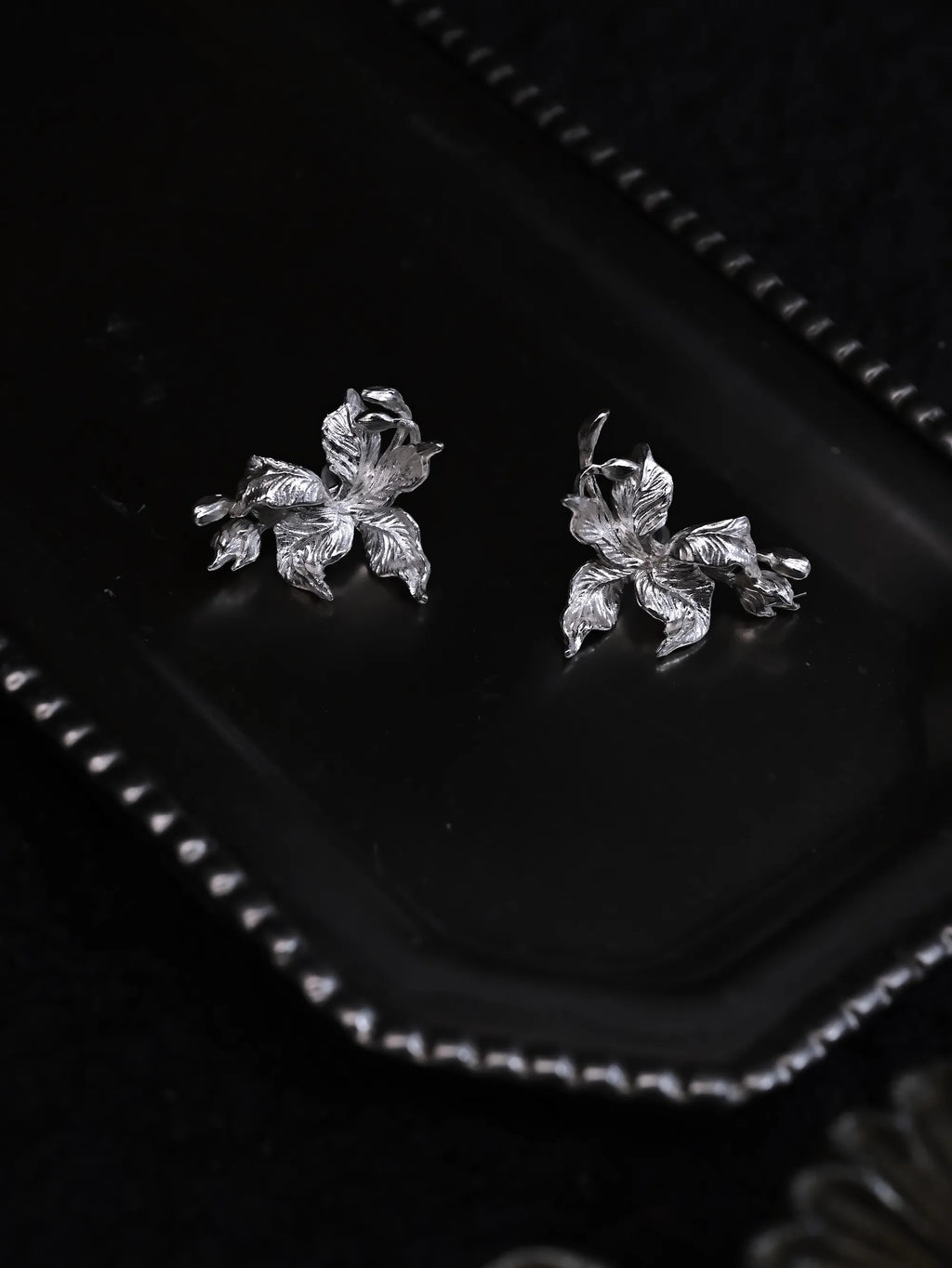 Iris Relic Stud Earrings | Dark Botanical Sterling Silver Everyday Gothic Jewelry