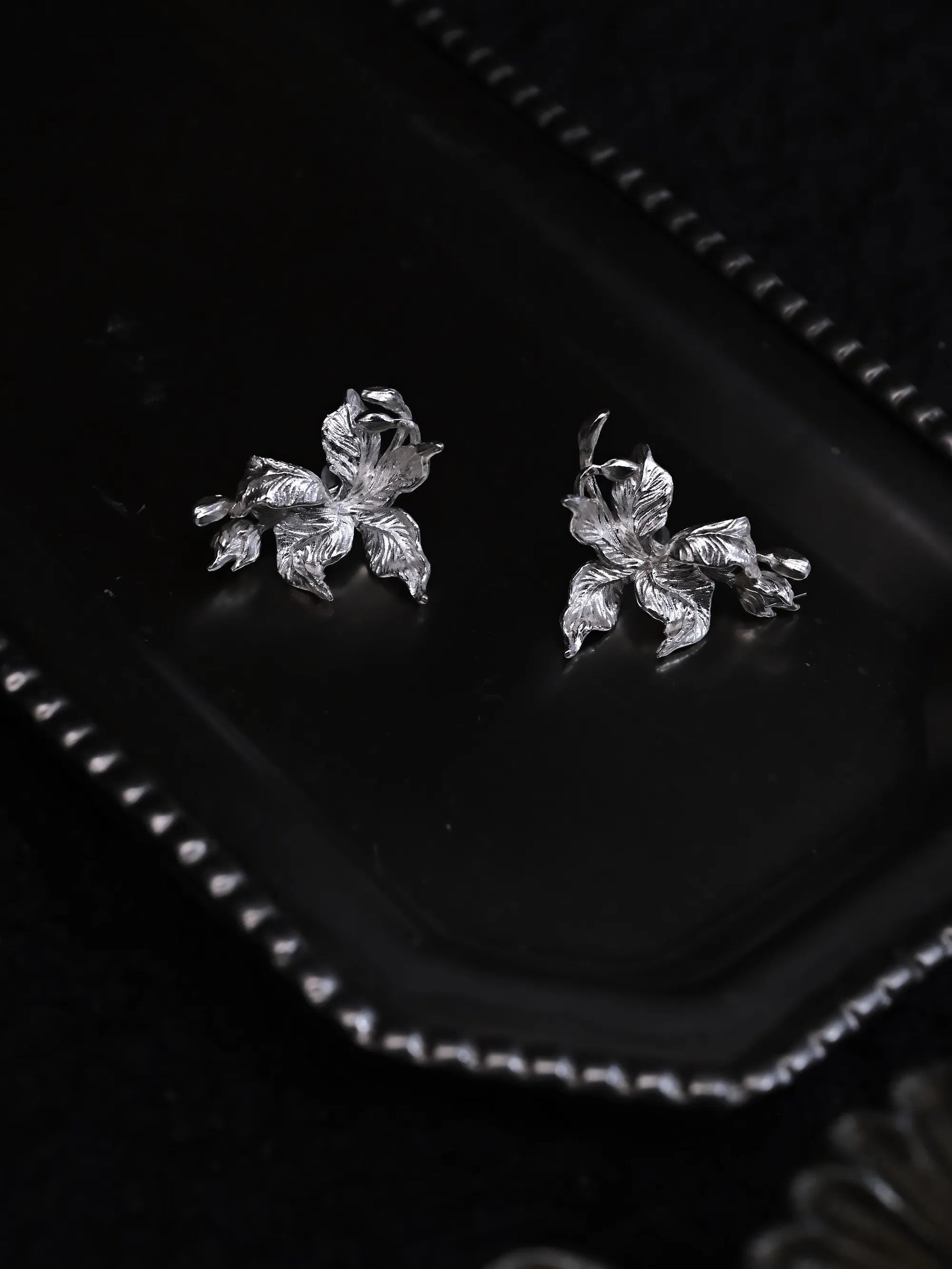 Iris Relic Stud Earrings | Dark Botanical Sterling Silver Everyday Gothic Jewelry