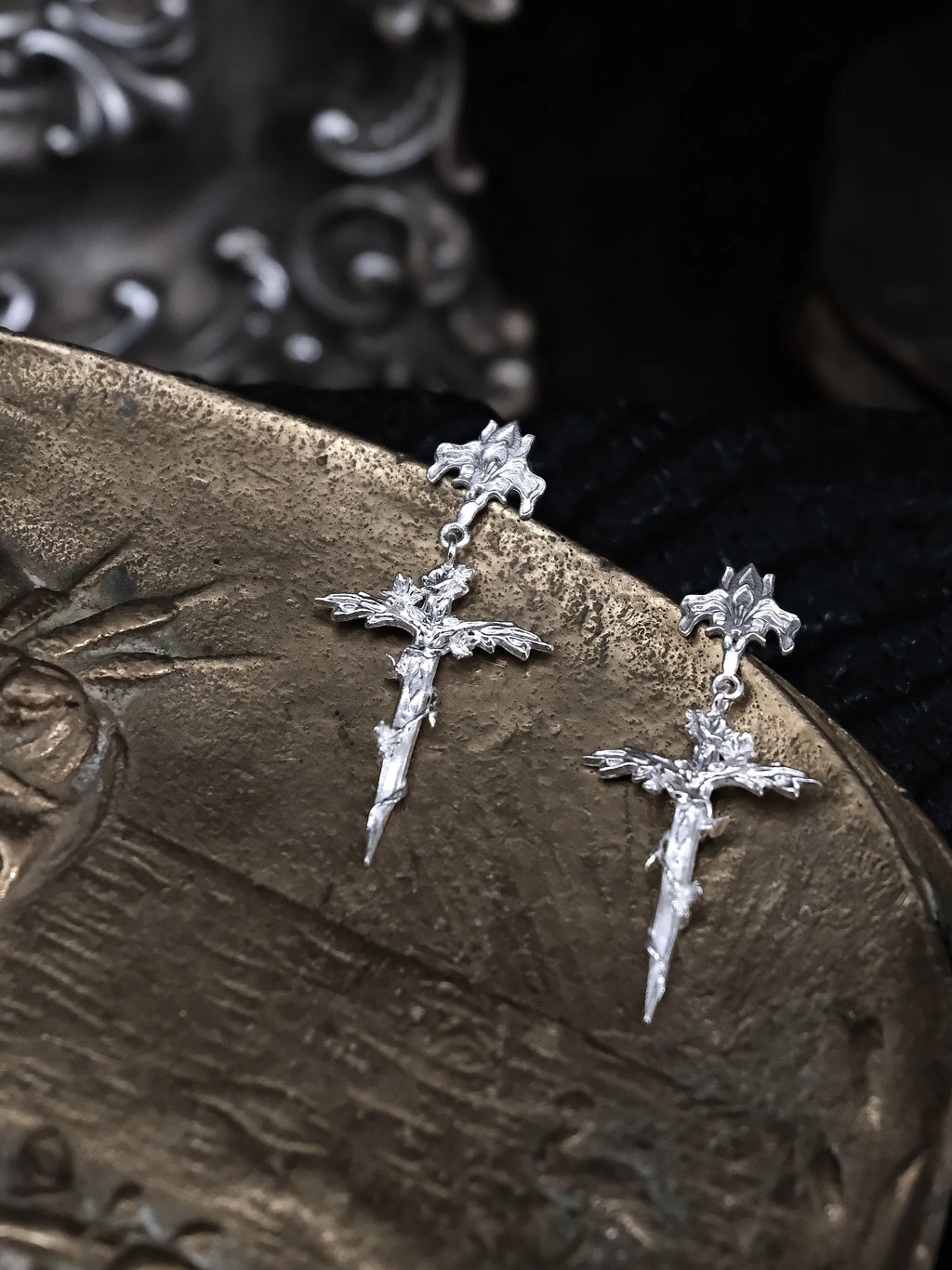Rose Sacred Sword Stud Earrings | Sterling Silver Gothic Talisman Earrings