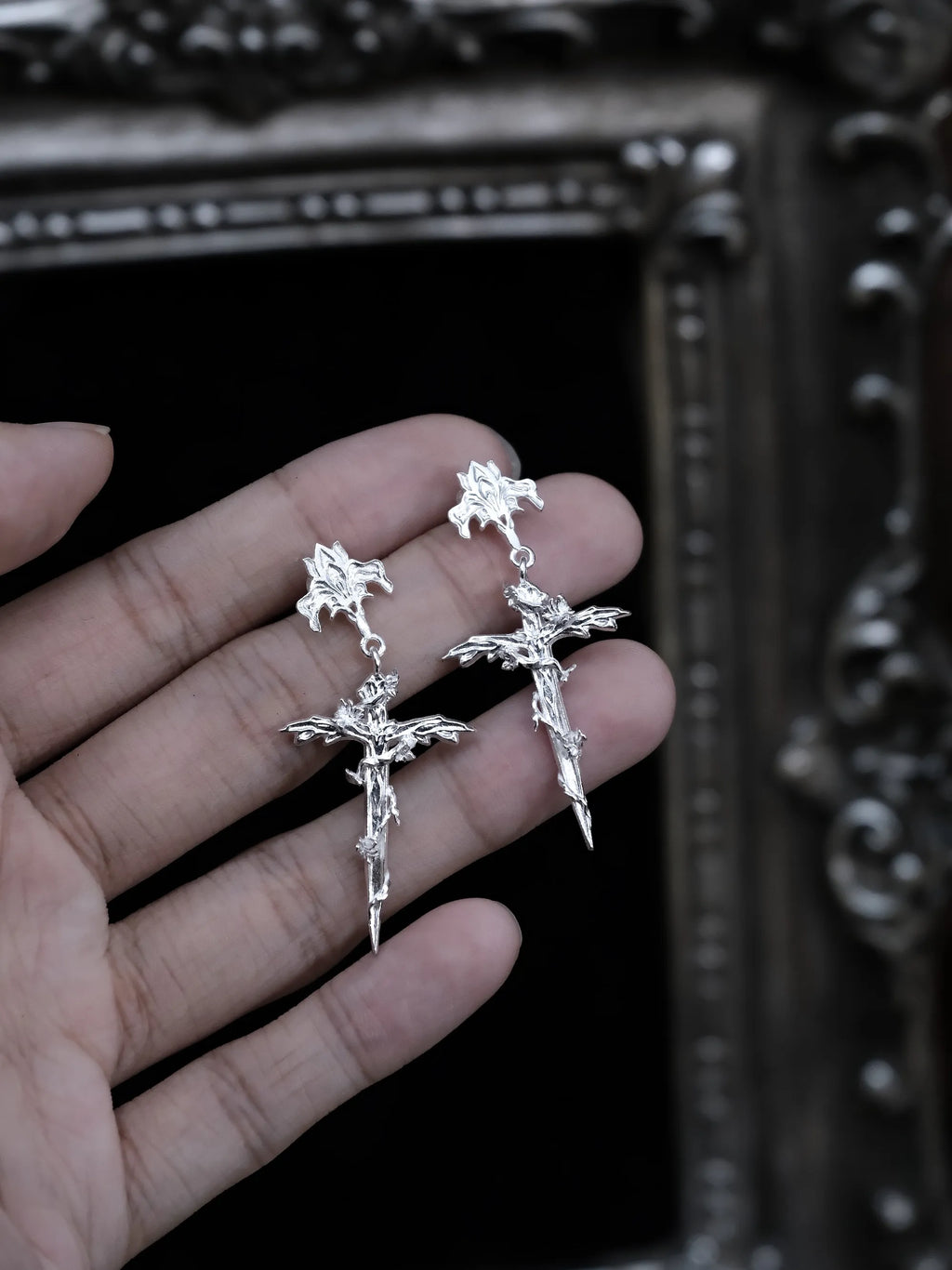 Rose Sacred Sword Stud Earrings | Sterling Silver Gothic Talisman Earrings