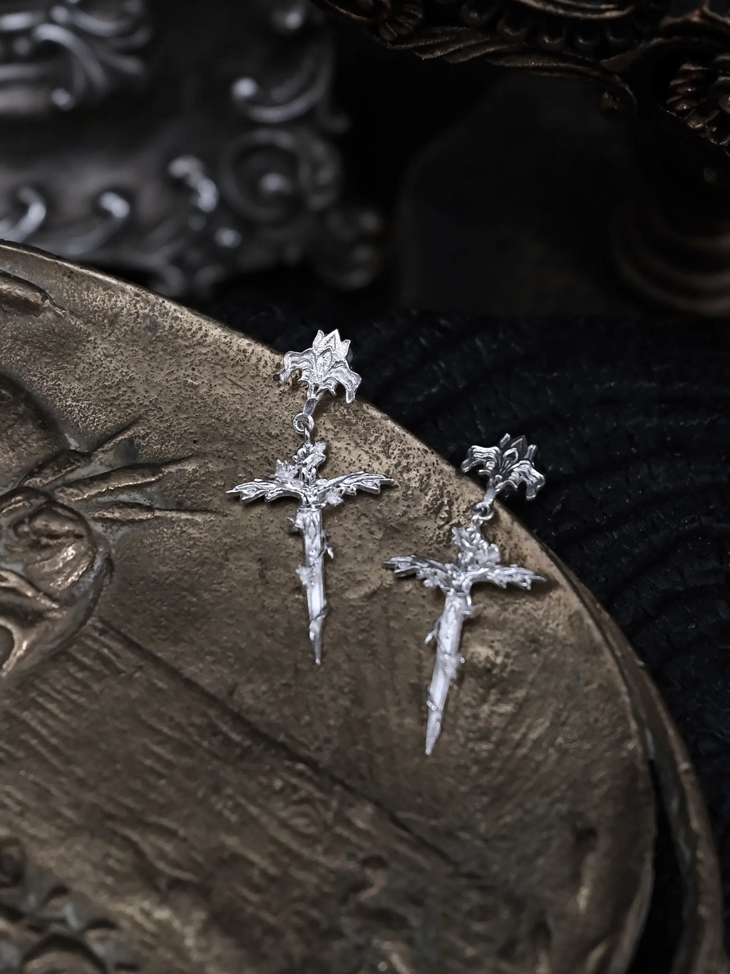 Rose Sacred Sword Stud Earrings | Sterling Silver Gothic Talisman Earrings