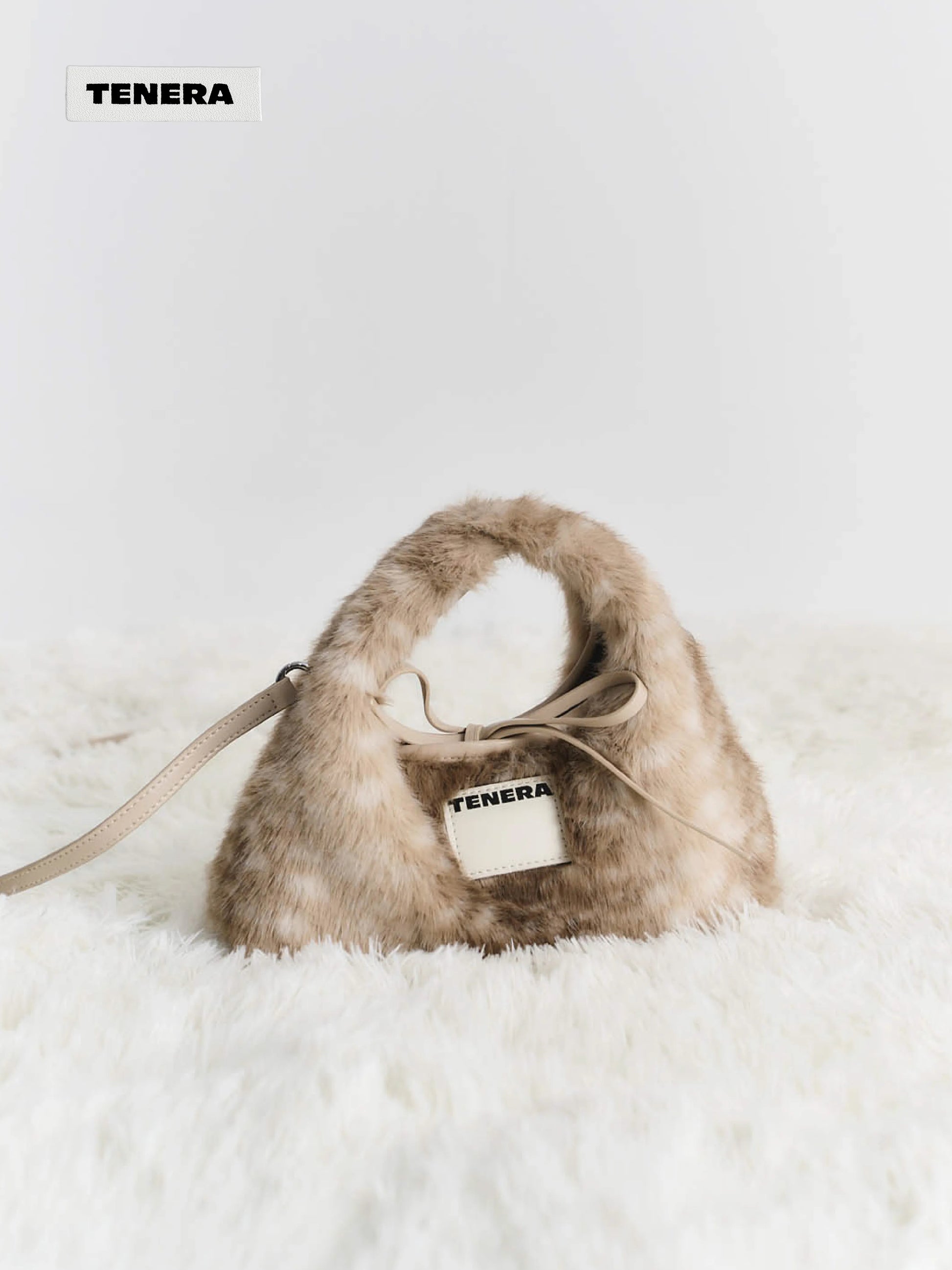 TENERA Vegan Eco-Fur Mini Hobo Bambi Print Winter Bag with Scarf