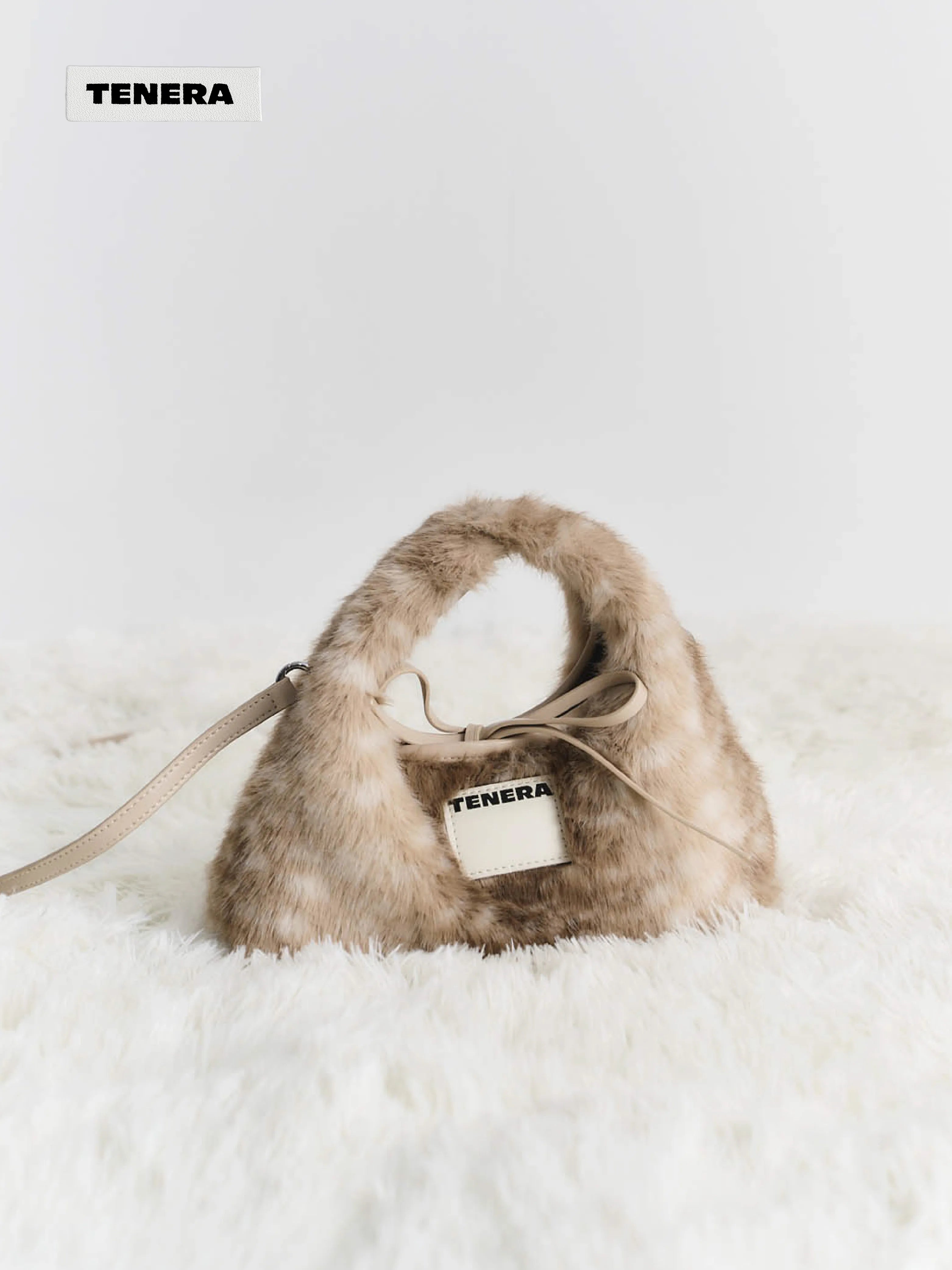 TENERA Vegan Eco-Fur Mini Hobo Bambi Print Winter Bag with Scarf