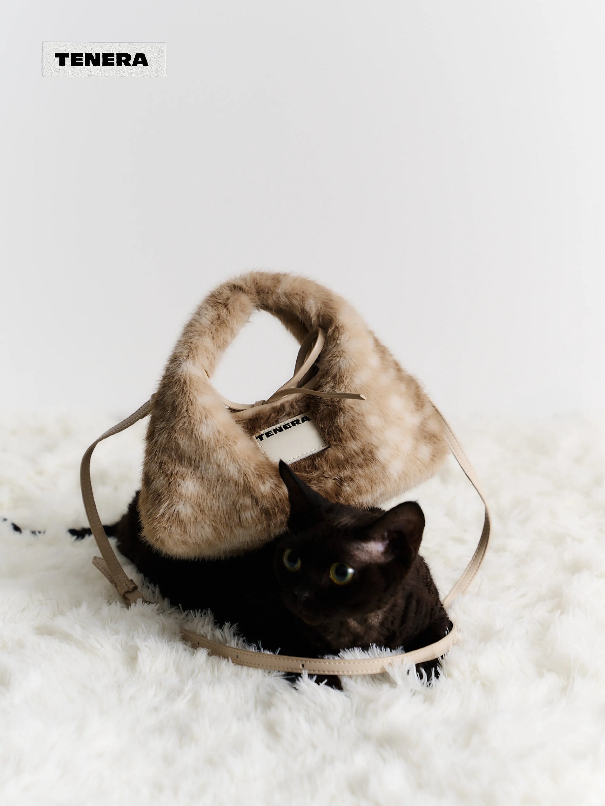 TENERA Vegan Eco-Fur Mini Hobo Bambi Print Winter Bag with Scarf