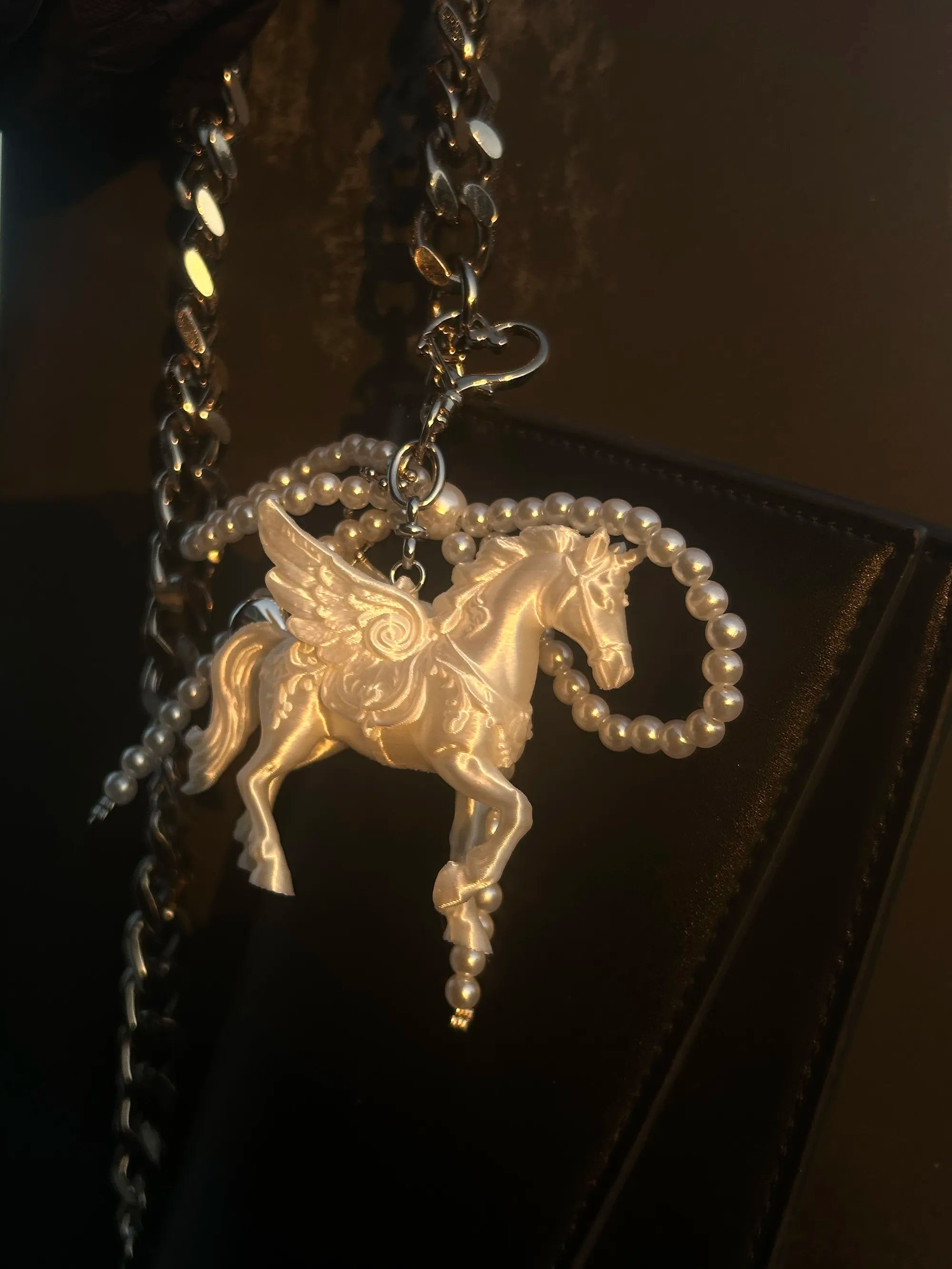 Lucky Pegasus 3D Printed Bag Charm with Pearl Detail