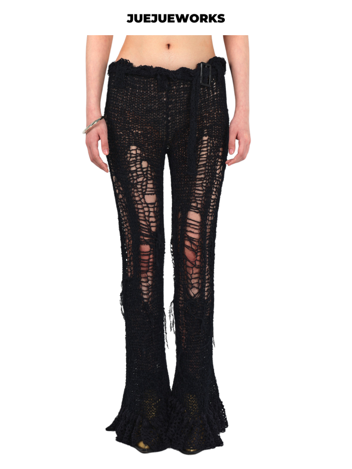 Black Deconstructed Ripped Knit Trousers by JUEJUEWORKS