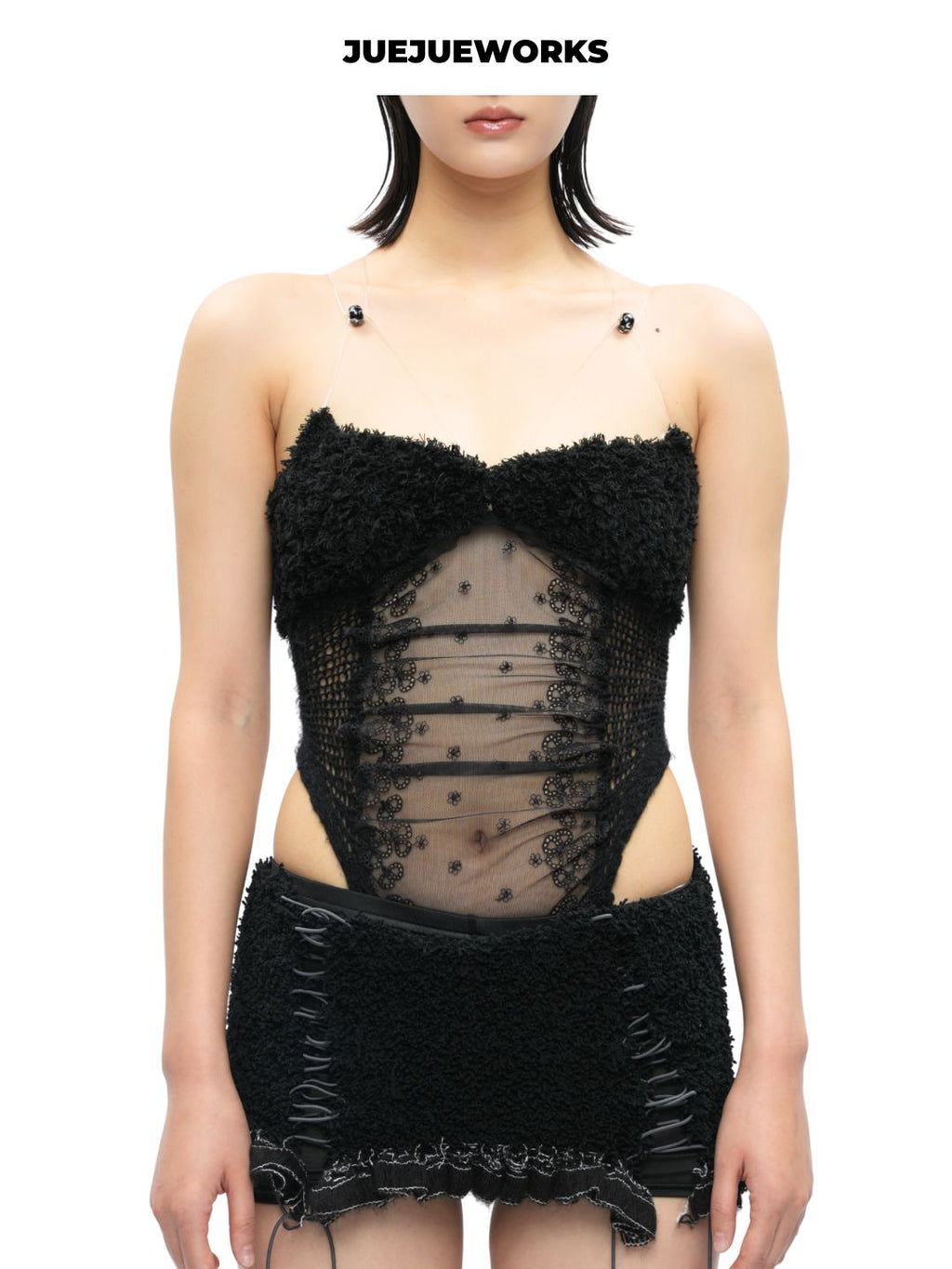 Black Feather-Trim Mesh Corset Top by JUEJUEWORKS