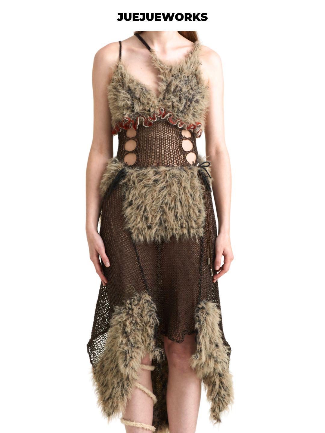 Brown Furry Cut-Out Knit Dress by JUEJUEWORKS