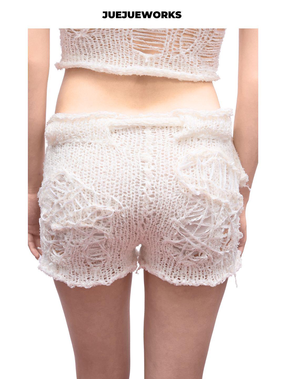 Cloud White Raw-Seam Knit Shorts by JUEJUEWORKS