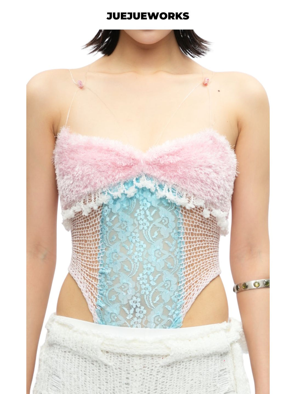 Floral Feather-Trim Mesh Corset Top by JUEJUEWORKS