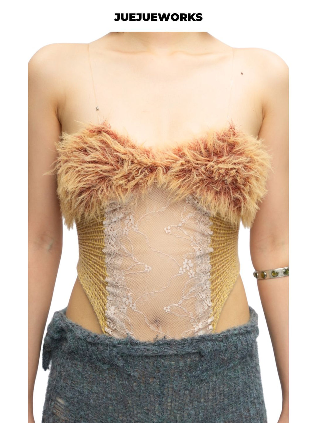 Gold Feather-Trim Mesh Corset Top by JUEJUEWORKS