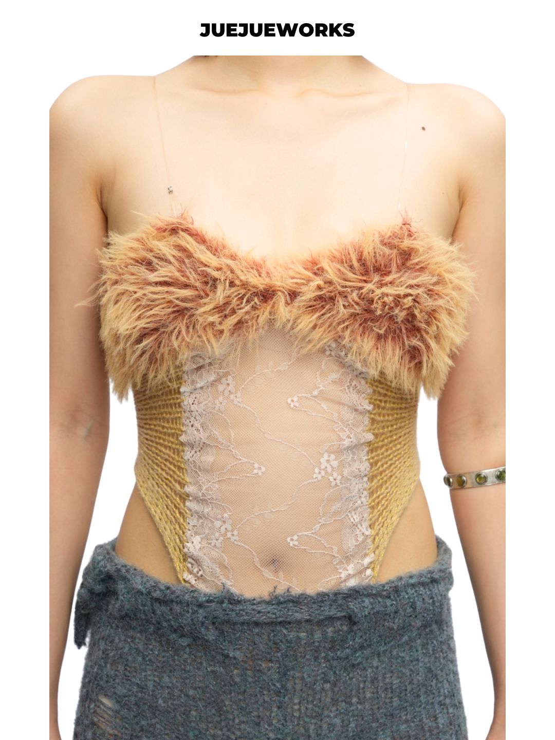 Gold Feather-Trim Mesh Corset Top