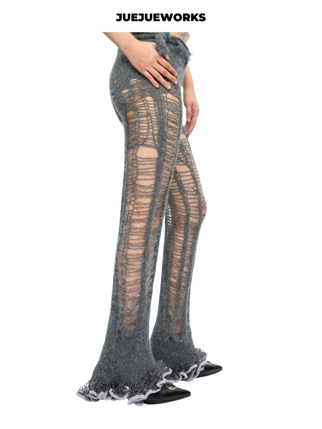 Grey Deconstructed Ripped Knit Trousers by JUEJUEWORKS