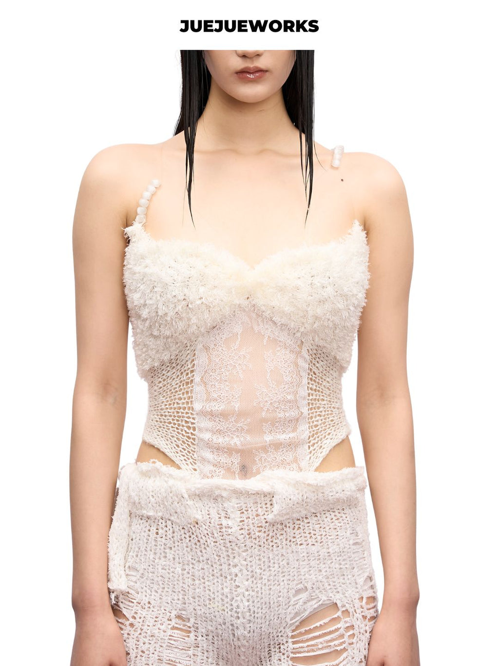 Ivory Feather-Trim Knit Corset Top by JUEJUEWORKS