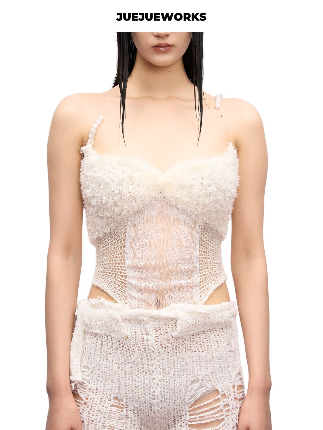 Ivory Feather-Trim Knit Corset Top by JUEJUEWORKS