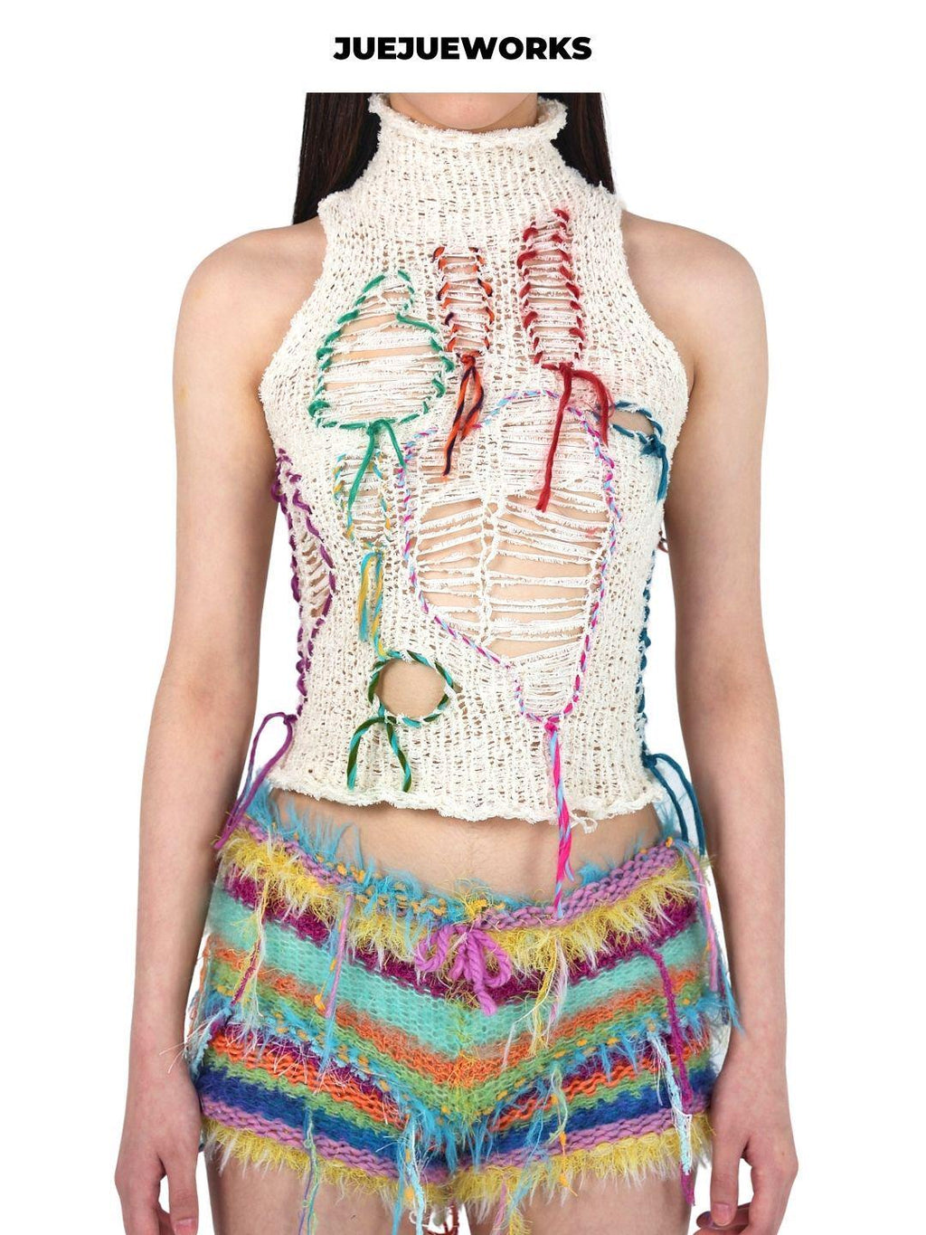 White graphic knit tank with colourful fringe by JUEJUEWORKS