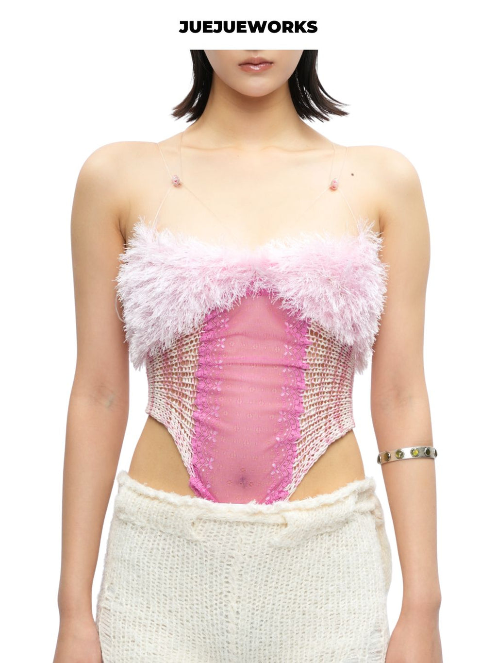 Pink Feather-Trim Mesh Corset Top by JUEJUEWORKS
