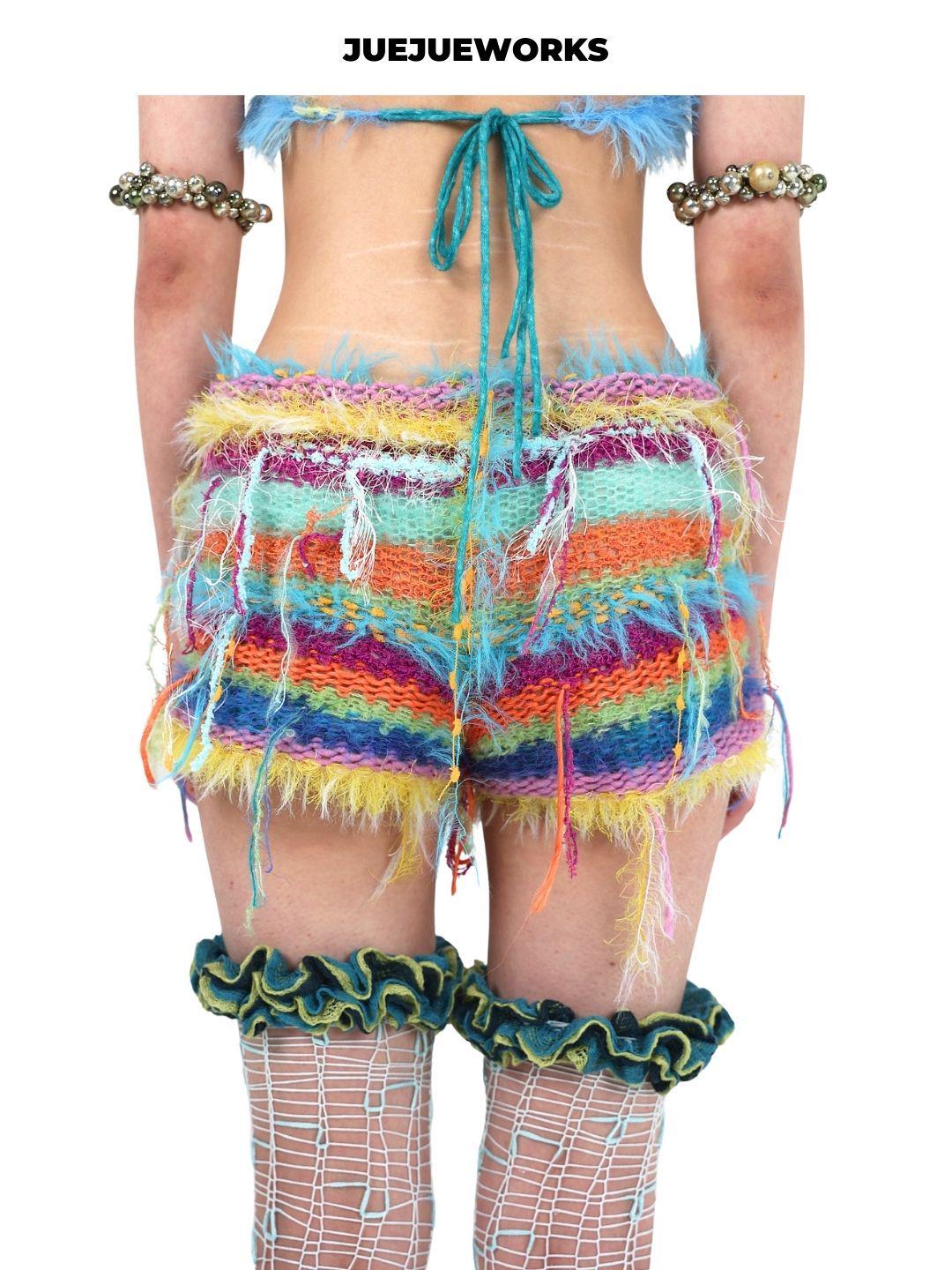 Rainbow fringe knit shorts by JUEJUEWORKS