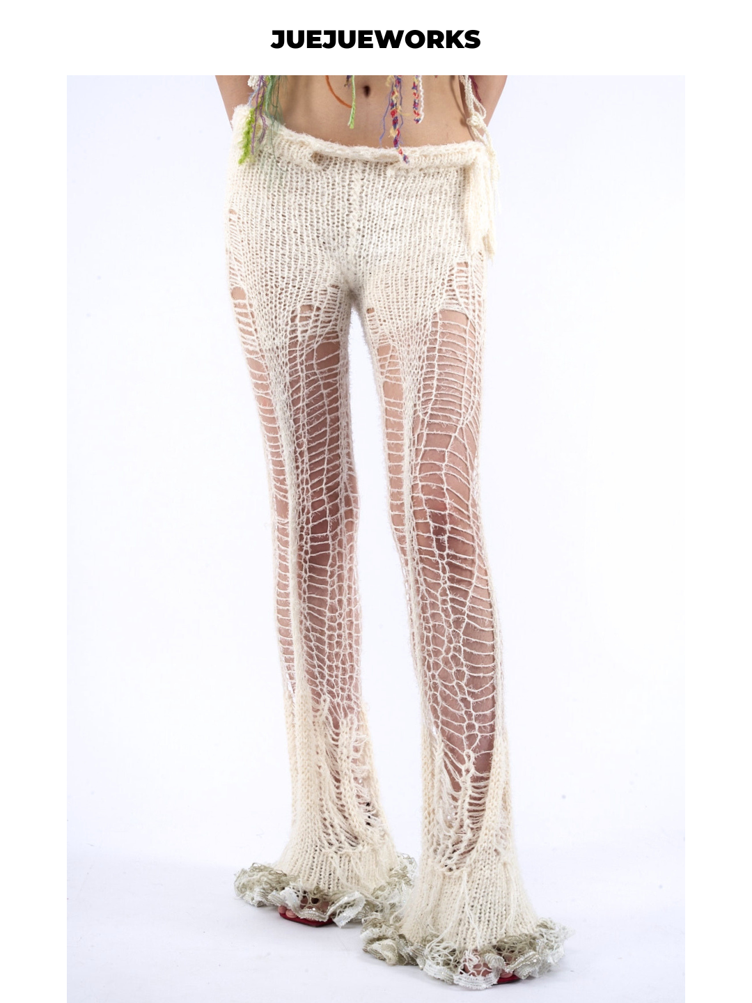 White Deconstructed Ripped Knit Trousers by JUEJUEWORKS