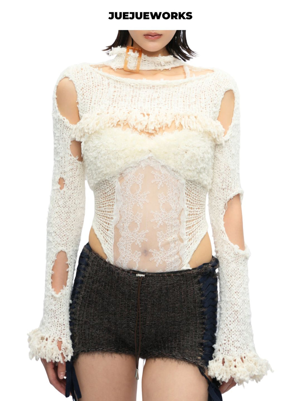 White and Purple Raw-Cut Knit Long-Sleeve Top by JUEJUEWORKS