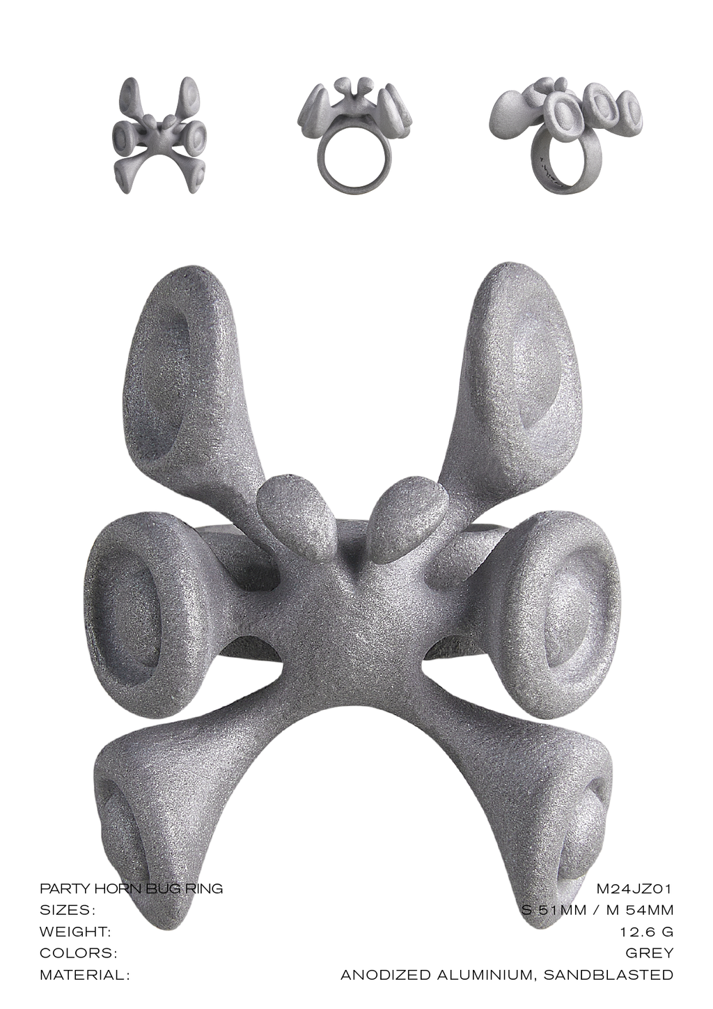 Stone Texture Metal Ring – Party Horn Bug Design, Grey Anodized Aluminum Sandblasted Finish