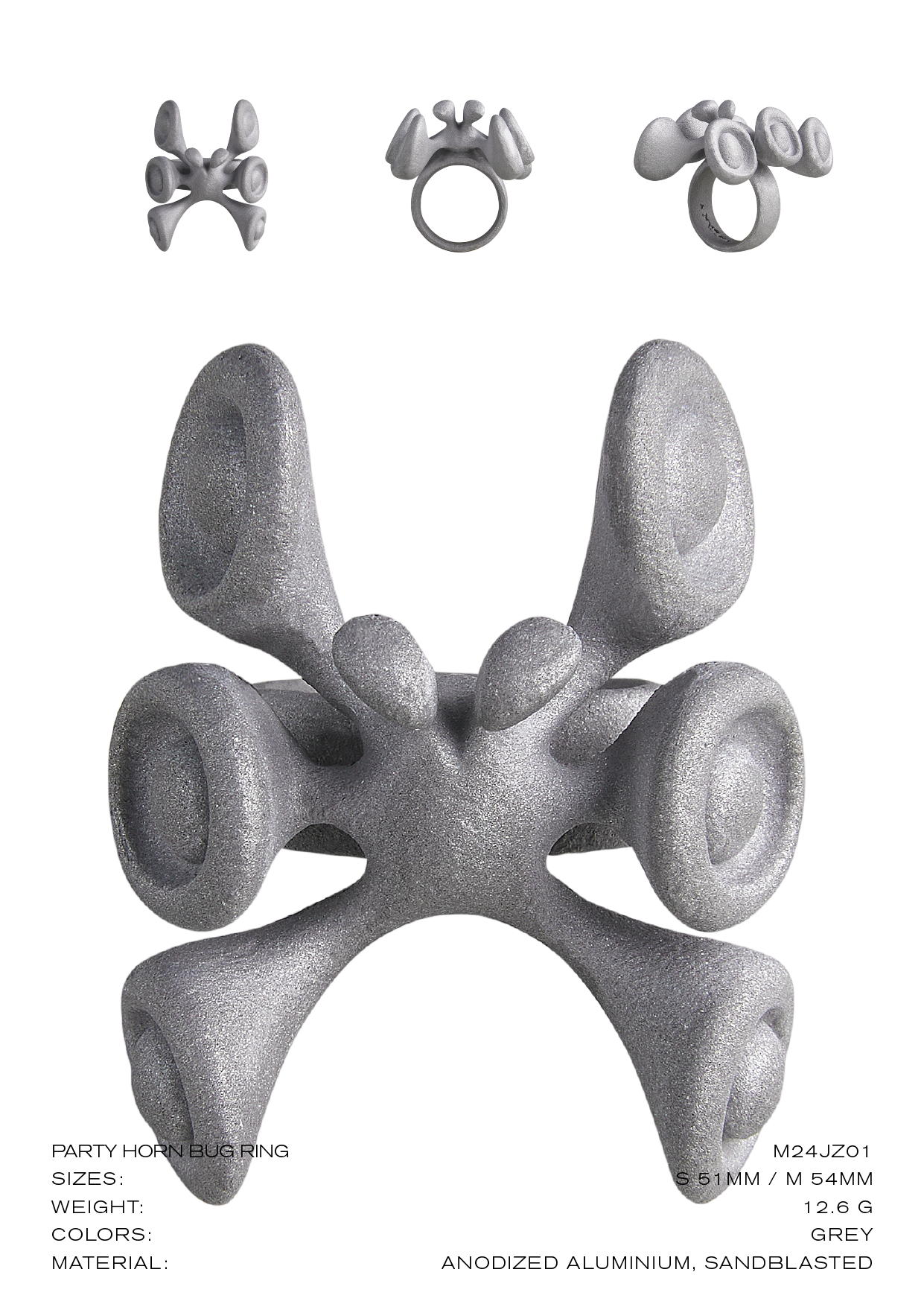 Stone Texture Metal Ring – Party Horn Bug Design, Grey Anodized Aluminum Sandblasted Finish